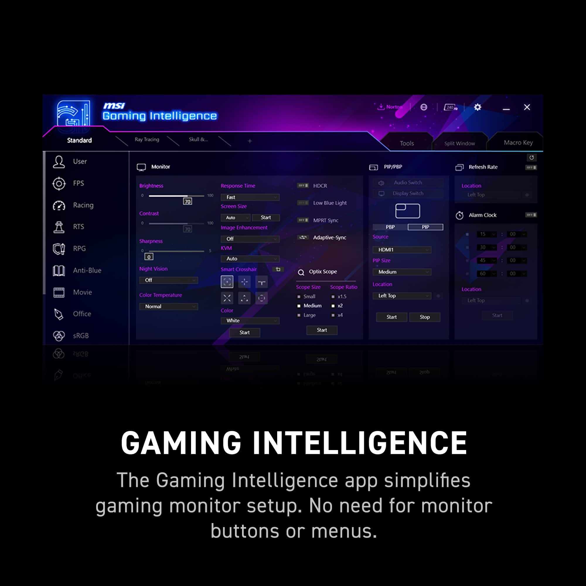 Gaming Intelligence is an app that simplifies gaming monitor setup. It eliminates the need for monitor buttons or menus, providing a streamlined experience for users. The app offers various features such as standard ray tracing, tools, and spy window, as well as macro key user monitor, PIP/PEP, and reticle crosshair. Additionally, it provides customizable options for brightness, contrast, sharpness, night vision, color temperature, response time, and more. The app is compatible with both Windows and Mac operating systems, making it a versatile solution for gamers.