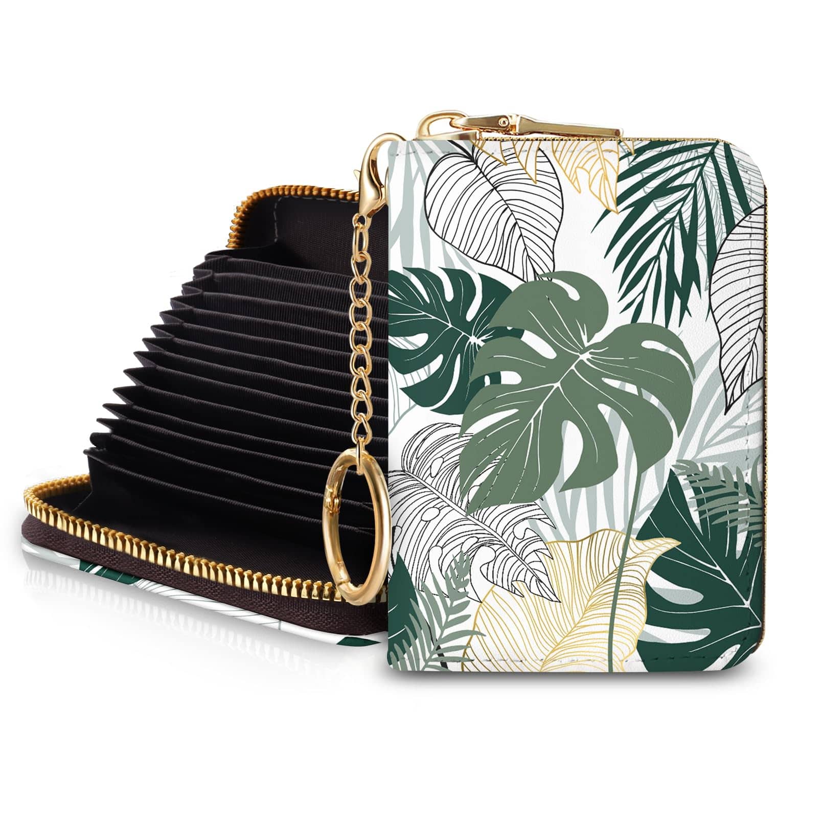 Jadie Link - Rfid Credit Card Holder Wallets Women Small Case Wallet Keychain Zipper Leather Sea Turtle Pocket Business Accordion - Abstract Boho Tropical Leaf