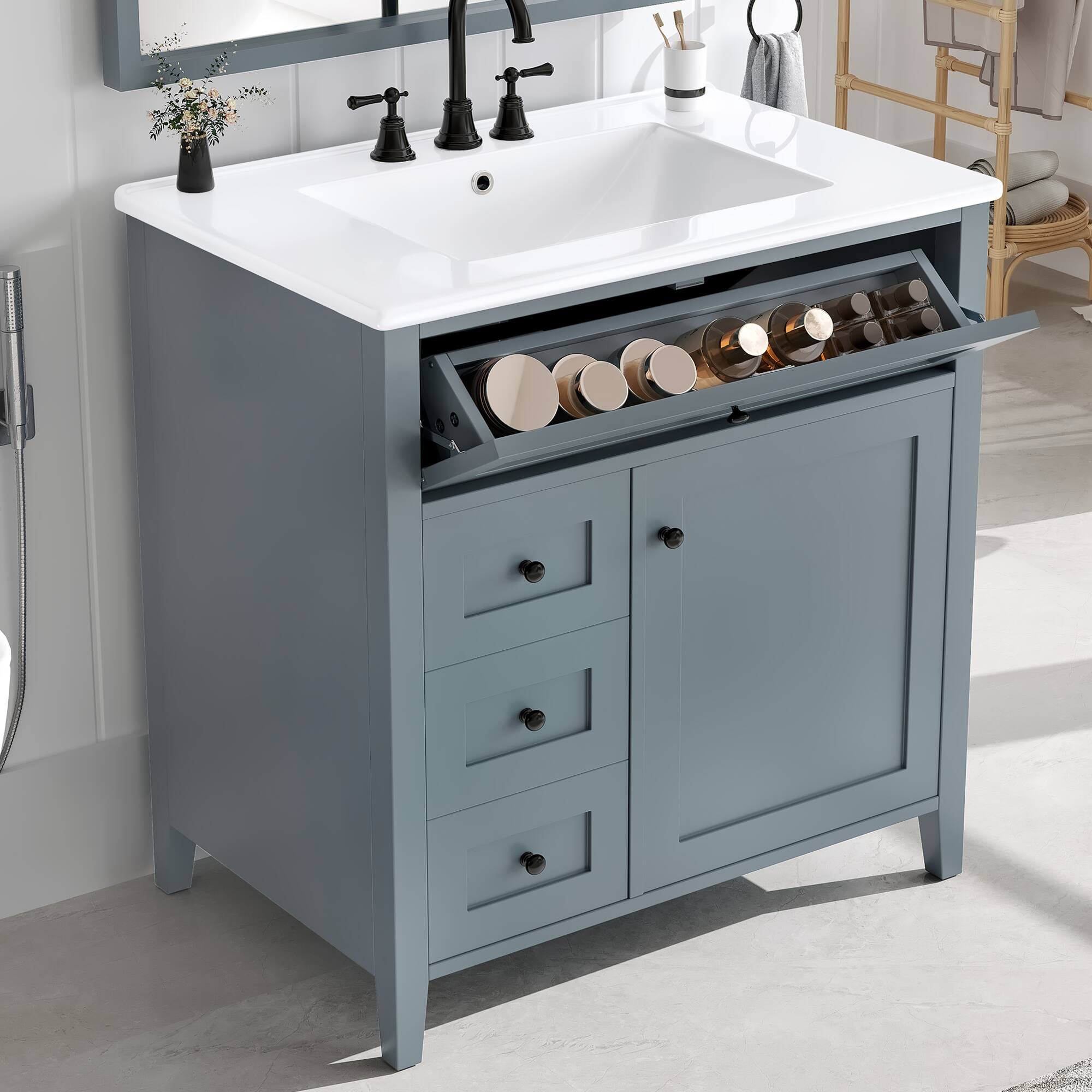 Left. TinyHomie - 30-Inch Bathroom Vanity with Sink Modern MDF and Rubberwood Cabinet with 3 Drawers and Adjustable Shelf - Blue Gray.