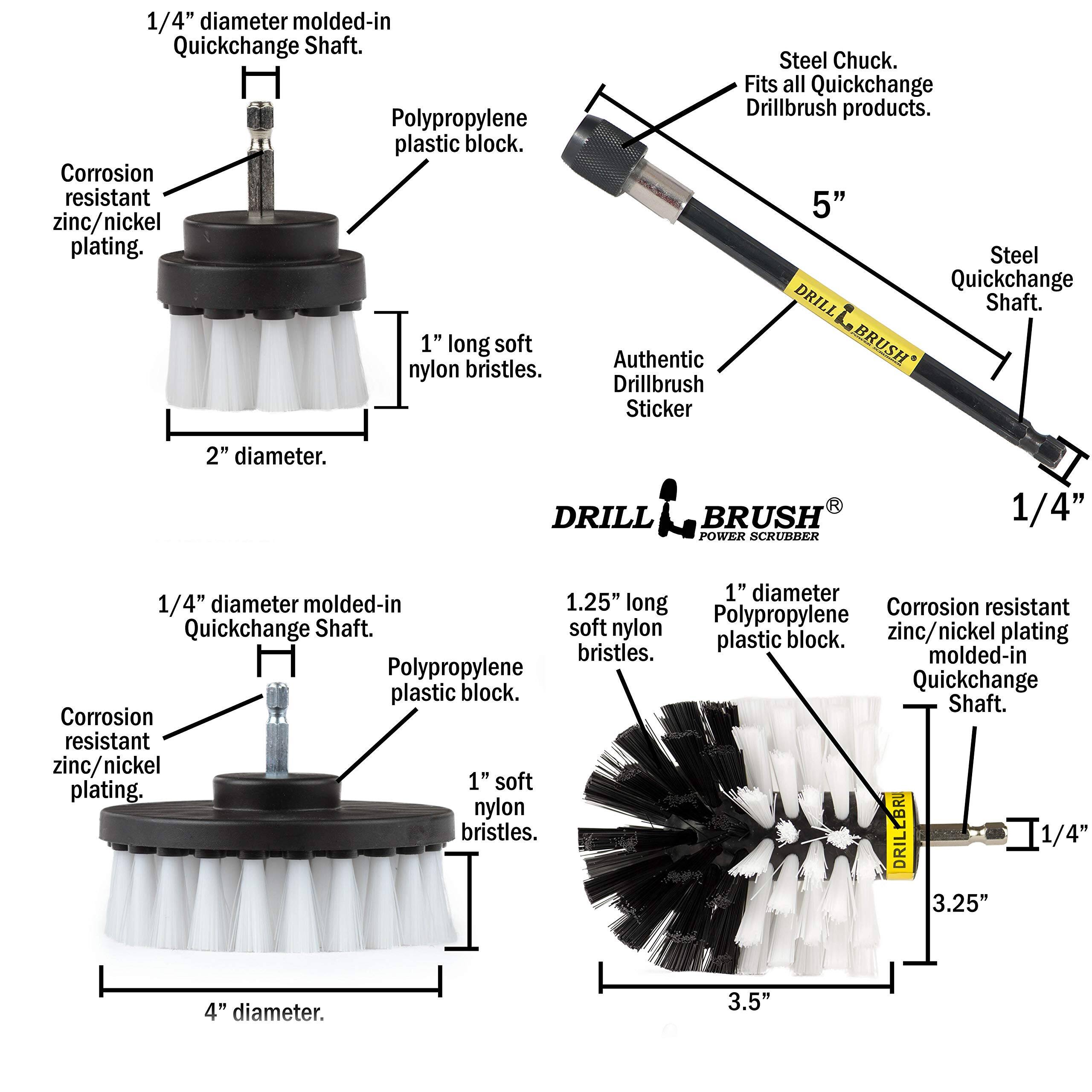1/4" diameter molded-in Quickchange Shaft. Polypropylene plastic block. Corrosion resistant zinc/nickel plating. 1" long soft nylon bristles. Steel Chuck. Fits all Quickchange Drillbrush products. 5" Steel Quickchange DRILL Shaft. Authentic BRUSH Drillbrush Sticker 2" diameter. DRILL BRUSH POWER SCRUBBER 1/4" 1" diameter 1/4" diameter molded-in 1.25" long Corrosion resistant soft Polypropylene Quickchange Shaft. nylon zinc/nickel plating plastic block. bristles. molded-in Polypropylene block. Quickchange plastic Shaft. Corrosion resistant zinc/nickel 1" soft plating. nylon bristles. DRILEBR 1/4" 3.25" 4" diameter. 3.5"