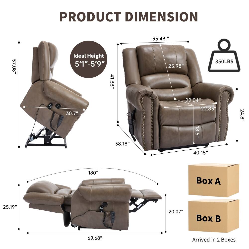 PRODUCT DIMENSION

57.08"  
Ideal Height 5'1"-5'9"  
41.33"  
30.7"  
38.18"  
35.43"  
350LBS  
25.98"  
22.04"  
22.83"  
18.5"  
40.15"  
24.8"  
180°  
Box A  
25.19"  
20.07"  
Box B  
69.68"  
Arrived in 2 Boxes