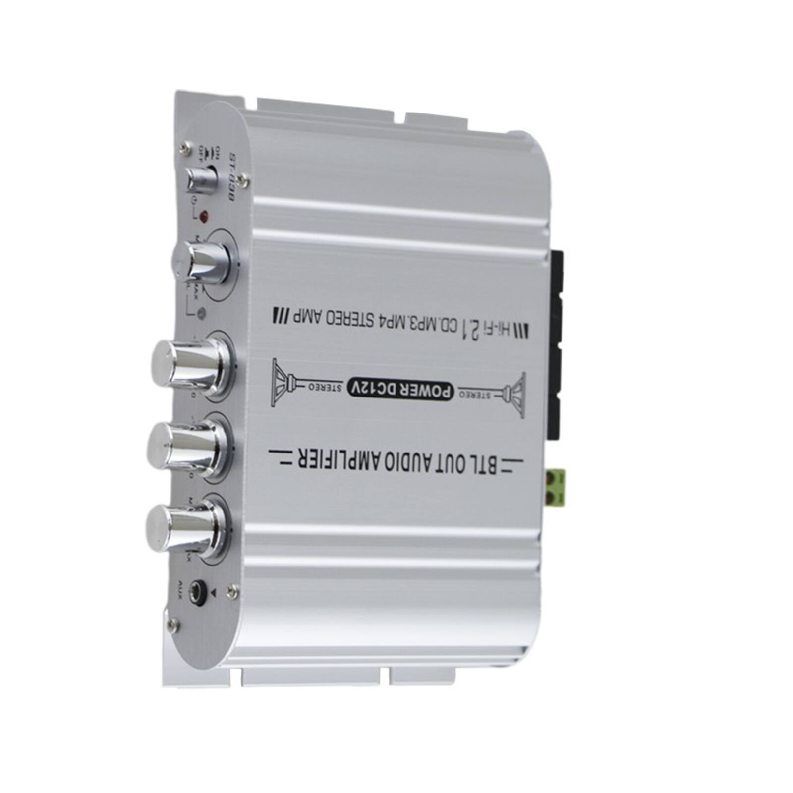 Sure, here is the corrected and grouped text from the image:

---

**III Hi-Fi DC12V POWER STEREO AMPLIFIER**

**STEREO AMP**

**DC12V POWER STEREO**

**BTL OUTPUT AMPLIFIER**

**POWERED STEREO AMP**

**DC12V**

**STEREO**

**BTL OUTPUT AMPLIFIER**

---

This text is organized based on the labels and markings visible on the device.
