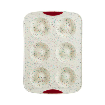 Front. Trudeau - Structure Silicone 6 Cavity Donut Pan, Confetti/Fuchsia - White.