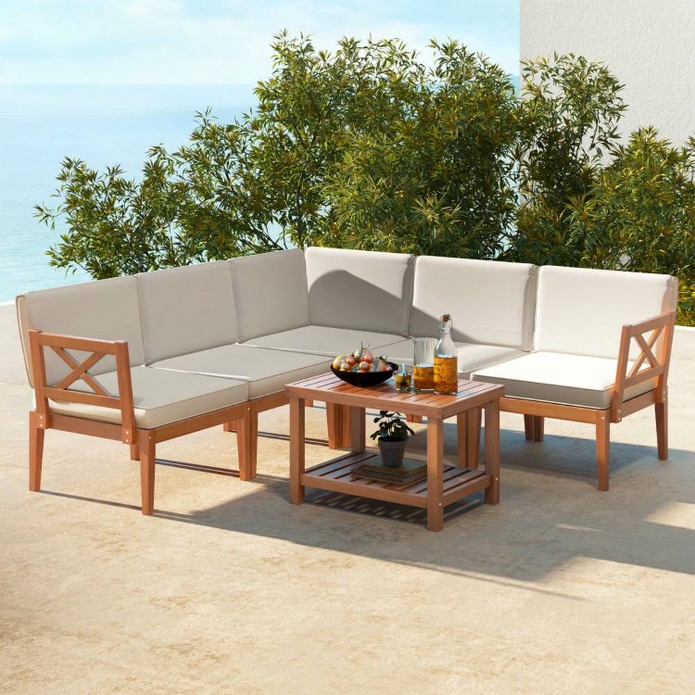 Alt View 5. Kadyn - Outdoor & Patio Furniture Sets,6 Pieces Acacia Wood Patio Furniture Set with Cushions and 2-Tier Coffee Table-White - White.