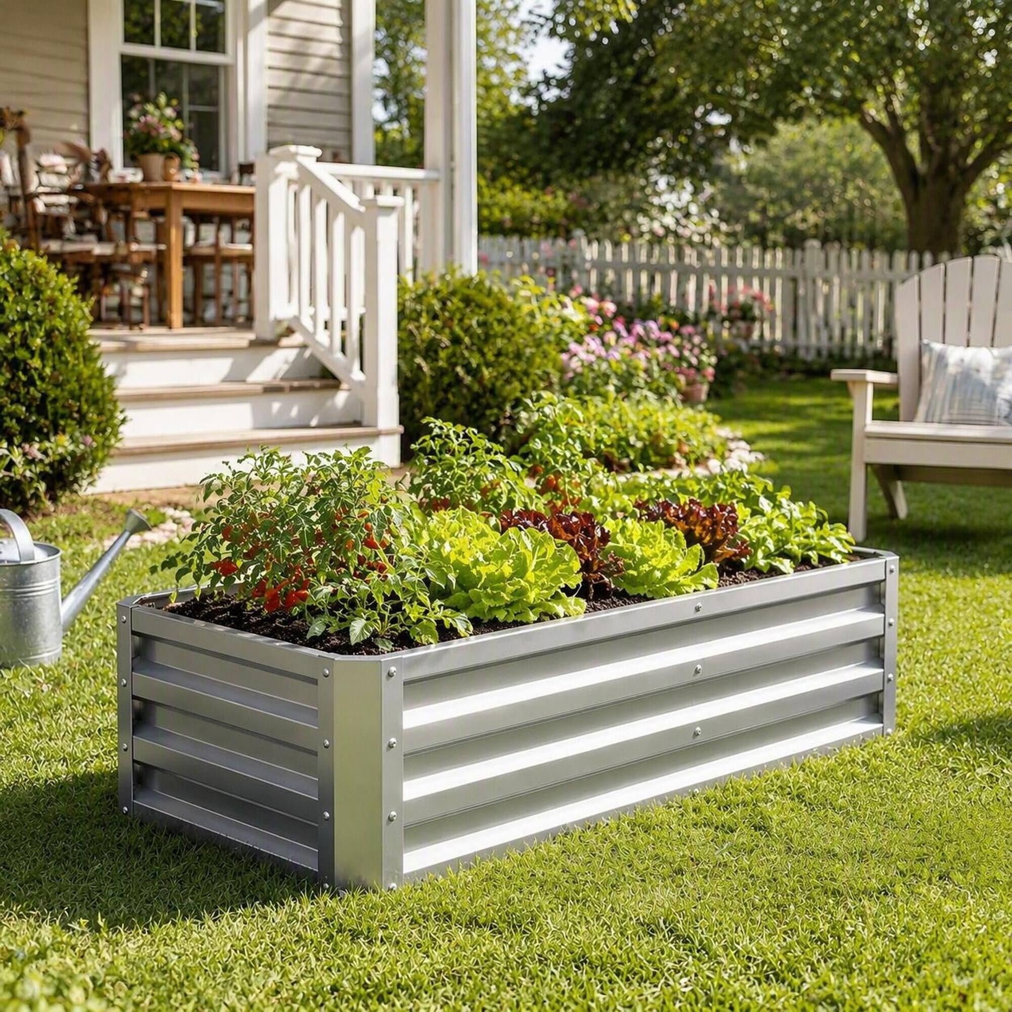Alt View 1. RYHNUYNE - Galvanized Steel Raised Garden Bed 4x2x1 ft Outdoor Metal Planter Box for Vegetables Flowers Herbs and Succulents - Silver.