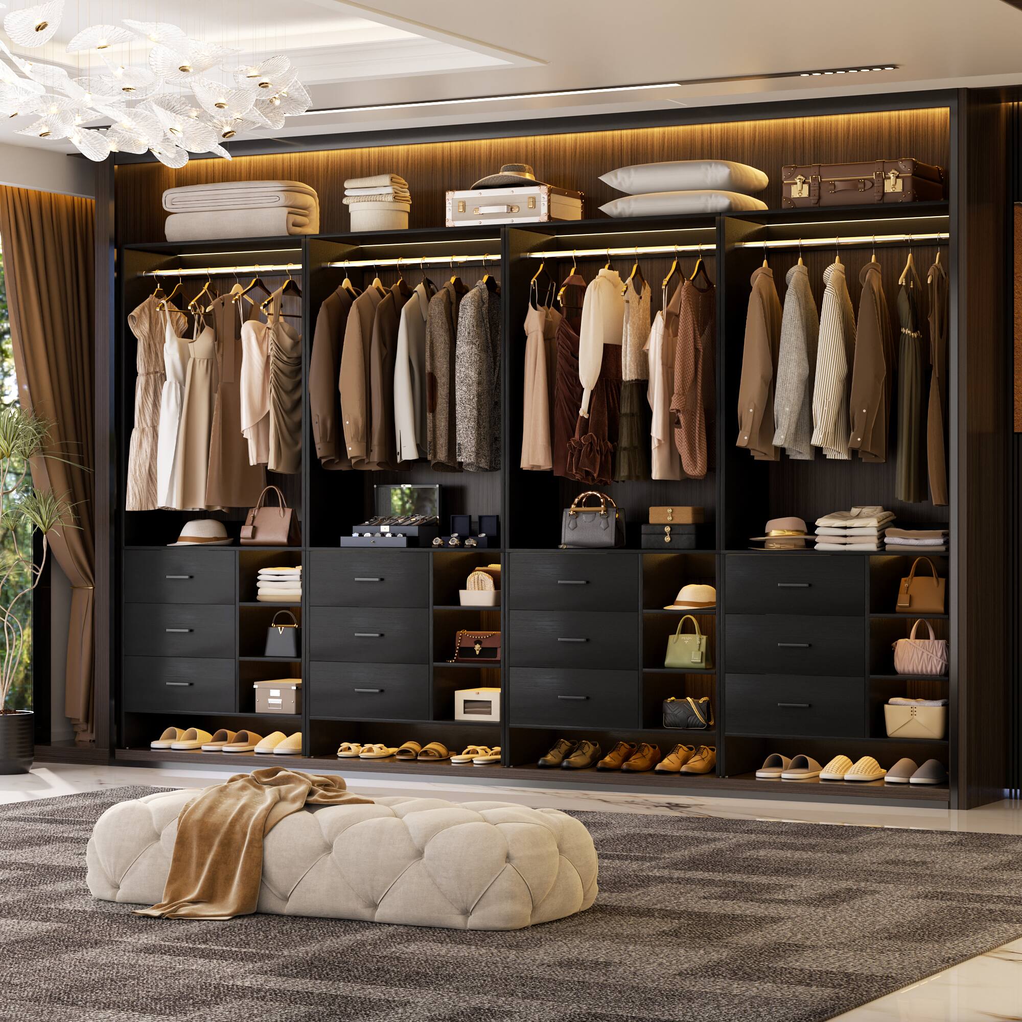 Alt View 5. Aheaplus - 10FT Large Closet System 4-Piece Set with 12 Drawers, 118'' Walk-in Closet Organizer with Hanging Rods for Closet - Black.