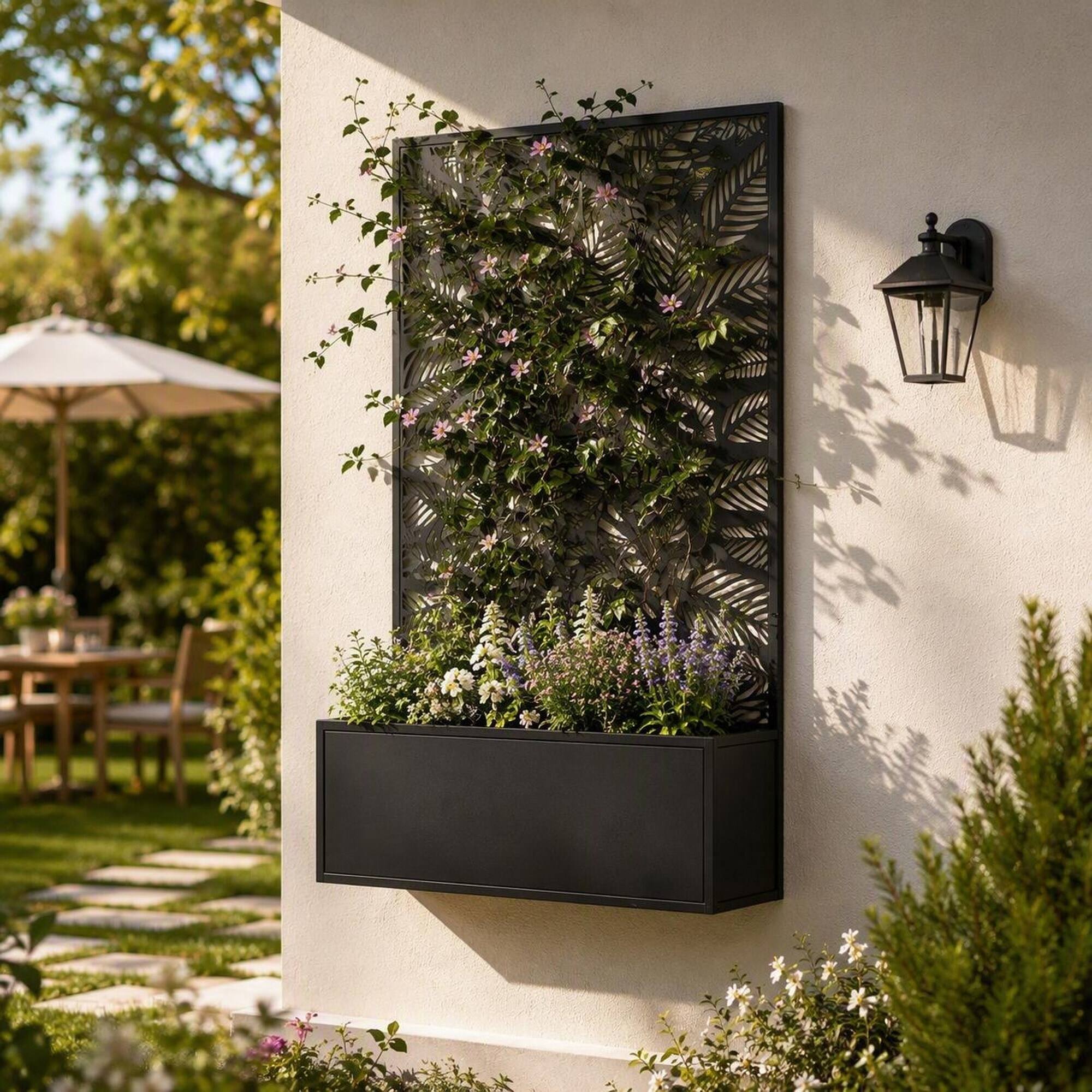 Angle. RYHNUYNE - Wall Mounted Metal Raised Garden Bed with Decorative Privacy Panel Trellis, 24 Inch Black Planter Box for Climbing - Black.