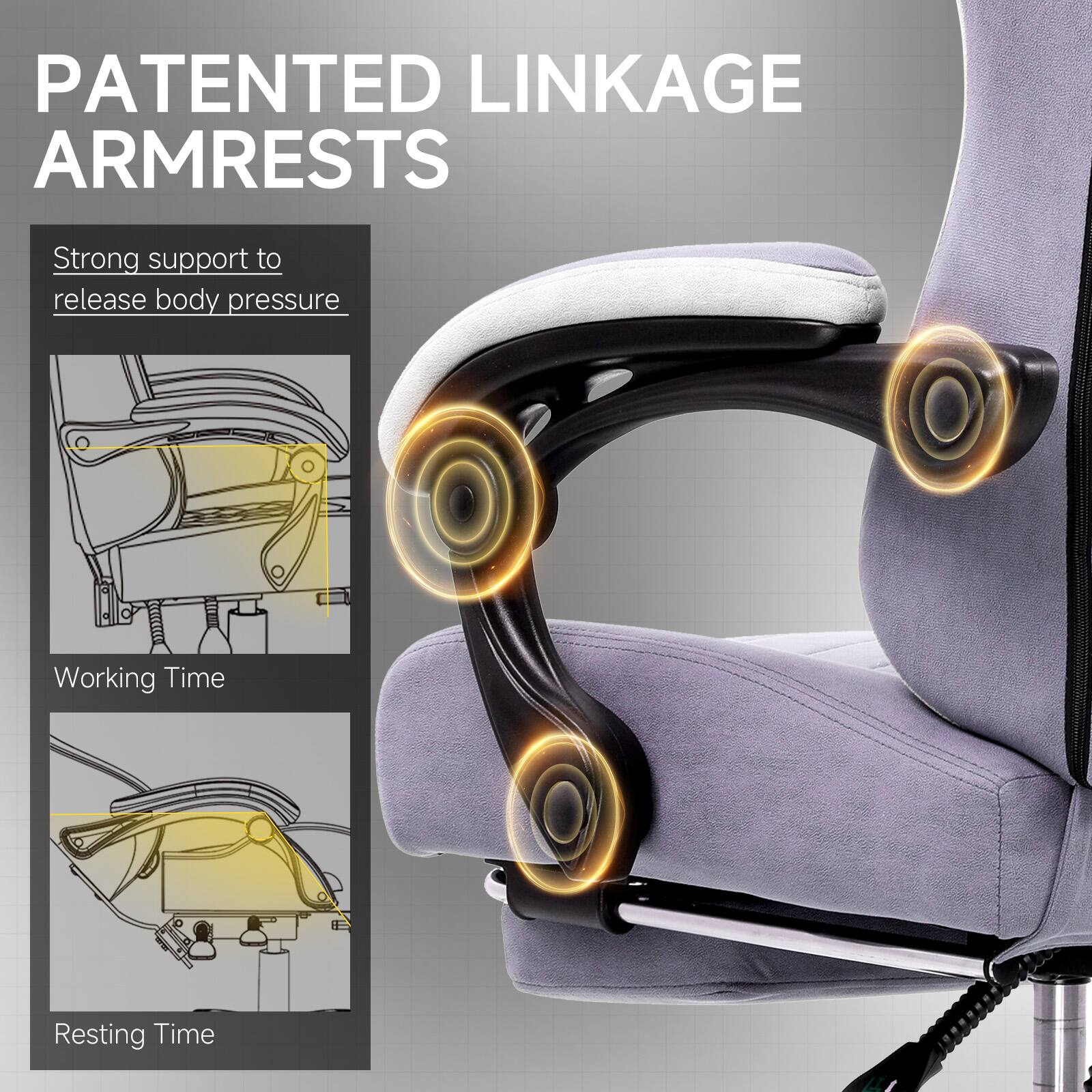 PATENTED LINKAGE ARMRESTS

Strong support to release body pressure

Working Time

Resting Time