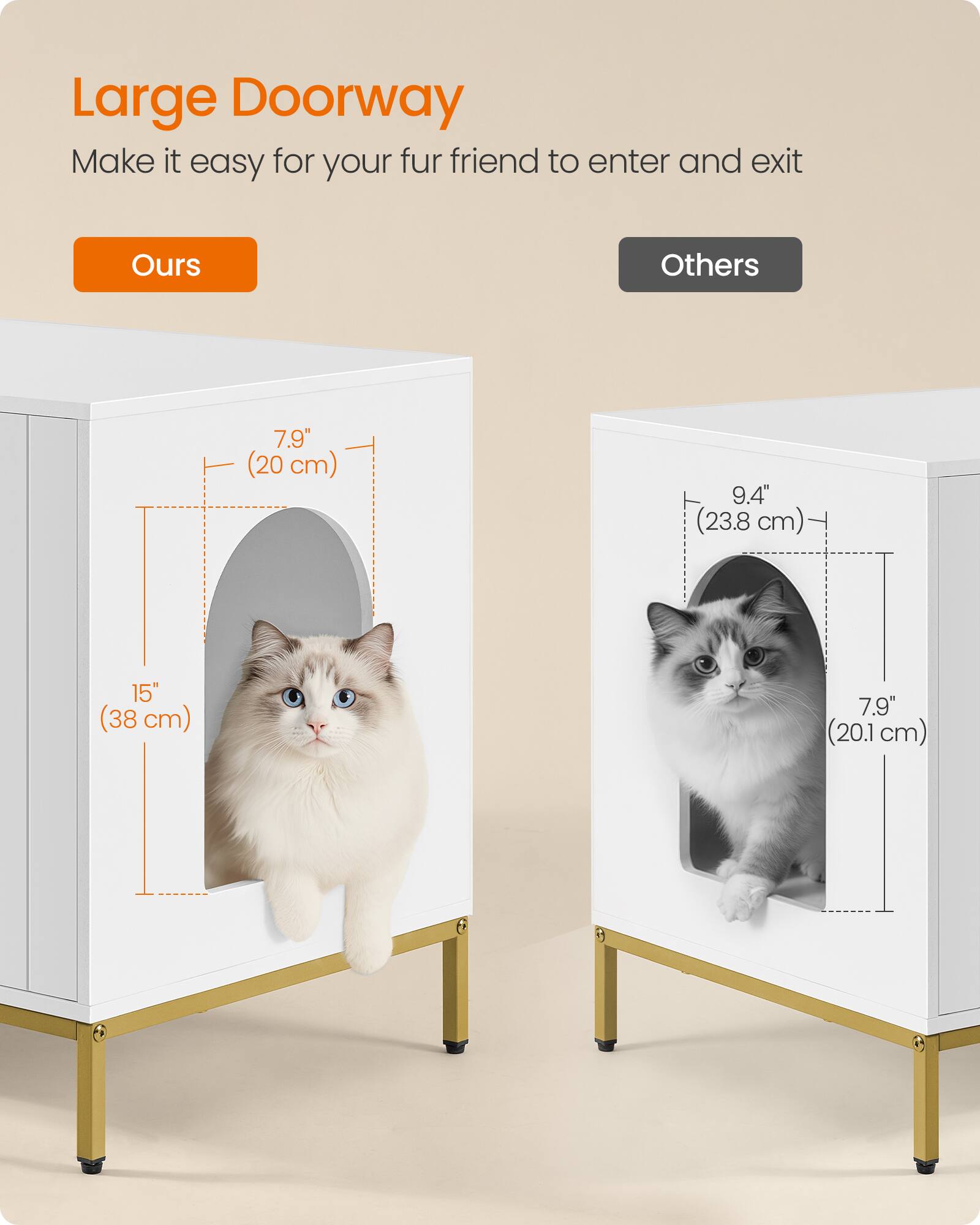 Large Doorway  
Make it easy for your fur friend to enter and exit

Ours  
7.9" (20 cm)  
9.4" (23.8 cm)  
15" (38 cm)  
7.9" (20.1cm)