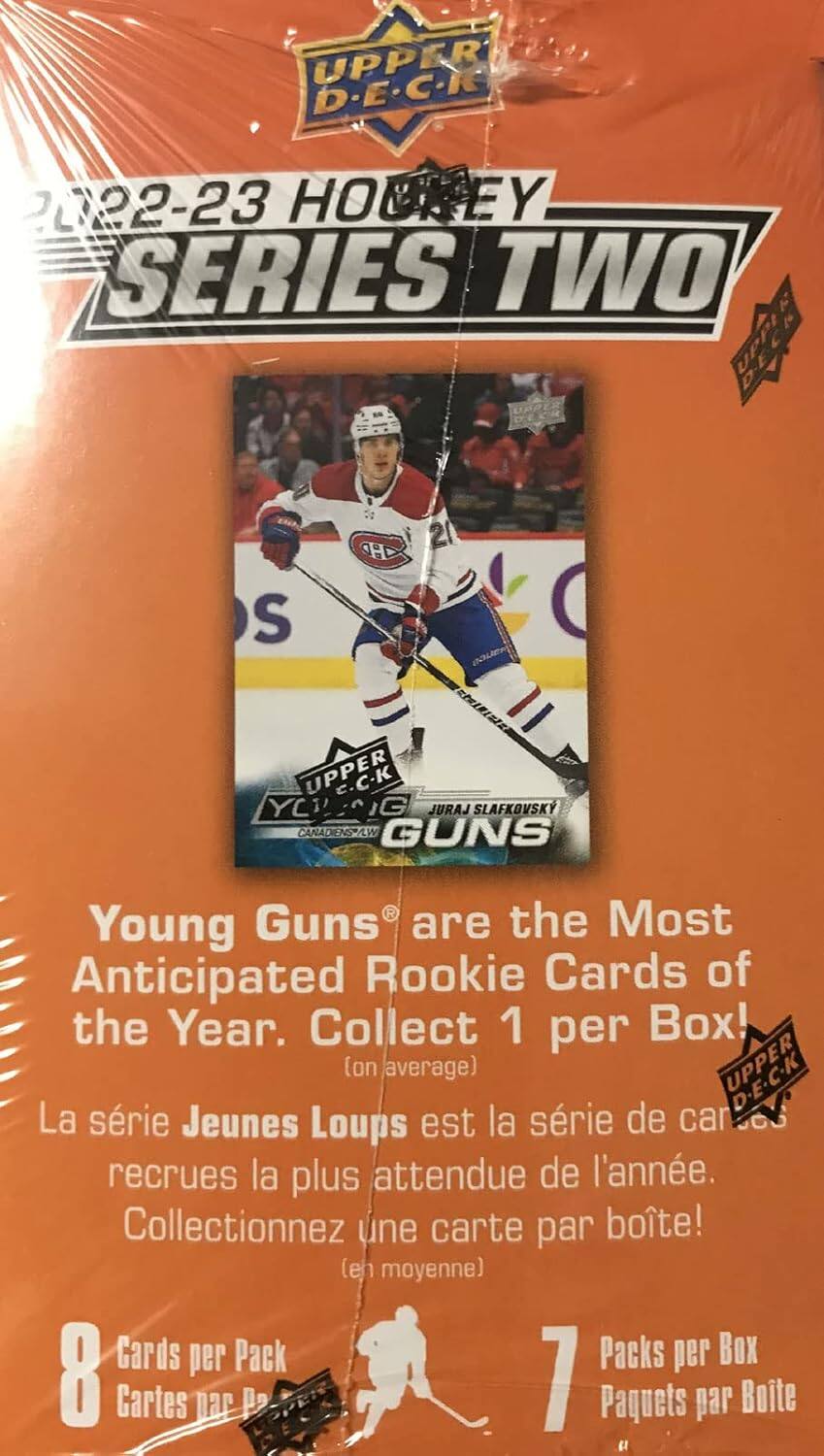 UPPER D.E.C.K  
2022-23 HOCKEY SERIES TWO  

UPPER YOUNG GUNS  
JURAJ SLAFKOVSKY  
CANADIENSAW  

Young Guns are the Most Anticipated Rookie Cards of the Year. Collect 1 per Box! (on average)  

La série Jeunes Loups est la série de cartes recrues la plus attendue de l'année. Collectionnez une carte par boîte! (en moyenne)  

Cards per Pack: 8  
Packs per Box: 7