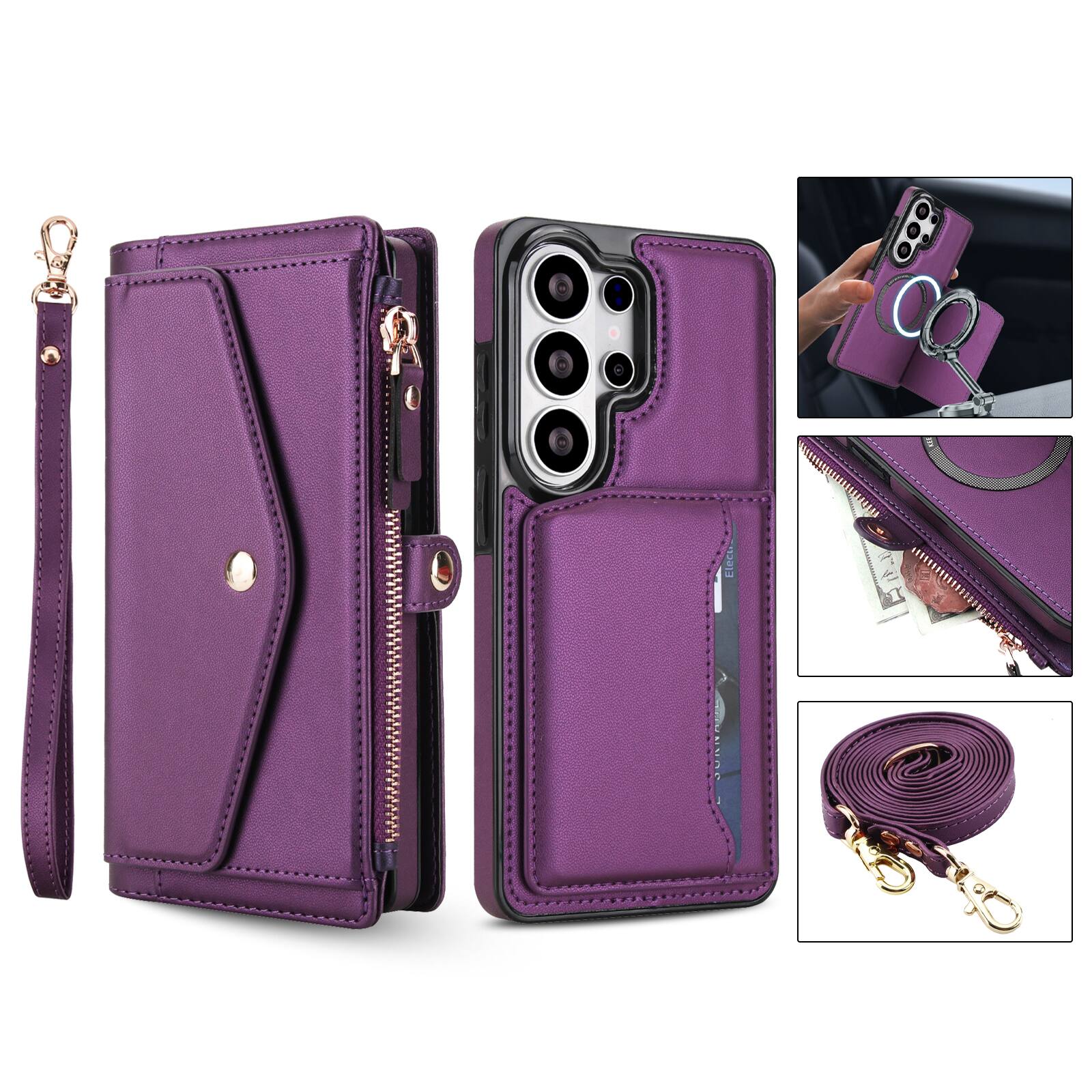 Alt View 5. UUCOVER - Magnetic Leather Detachable Zipper Wallet RFID Blocking Case for Samsung Galaxy S26 Ultra+Shoulder Strap / Wrist Strap - Purple.