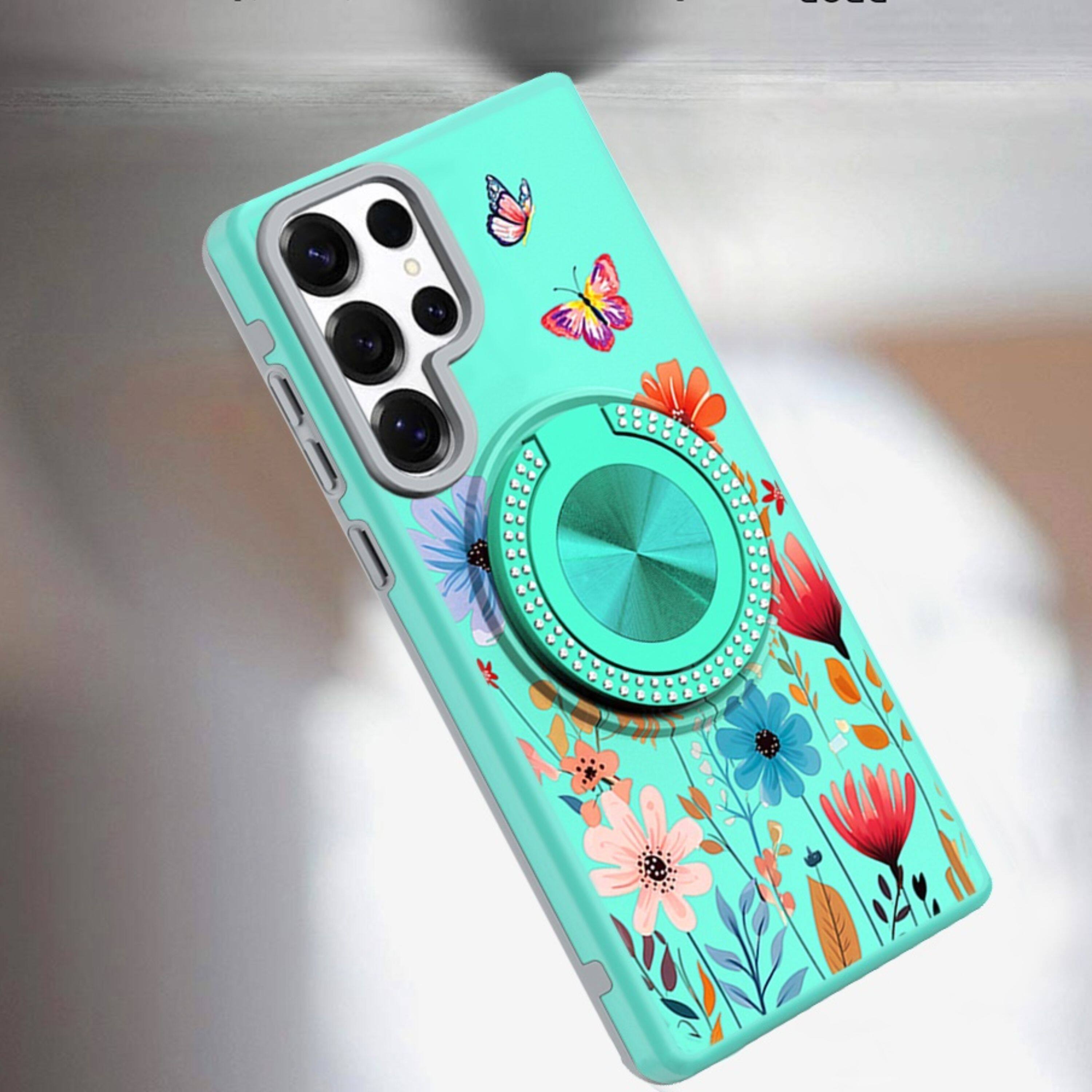 Left. Kitcheniva - Printed Design Case With Bling 360 Stand Plus Tempered Glass For Samsung S25 Ultra Wild Flower - Multicolor.