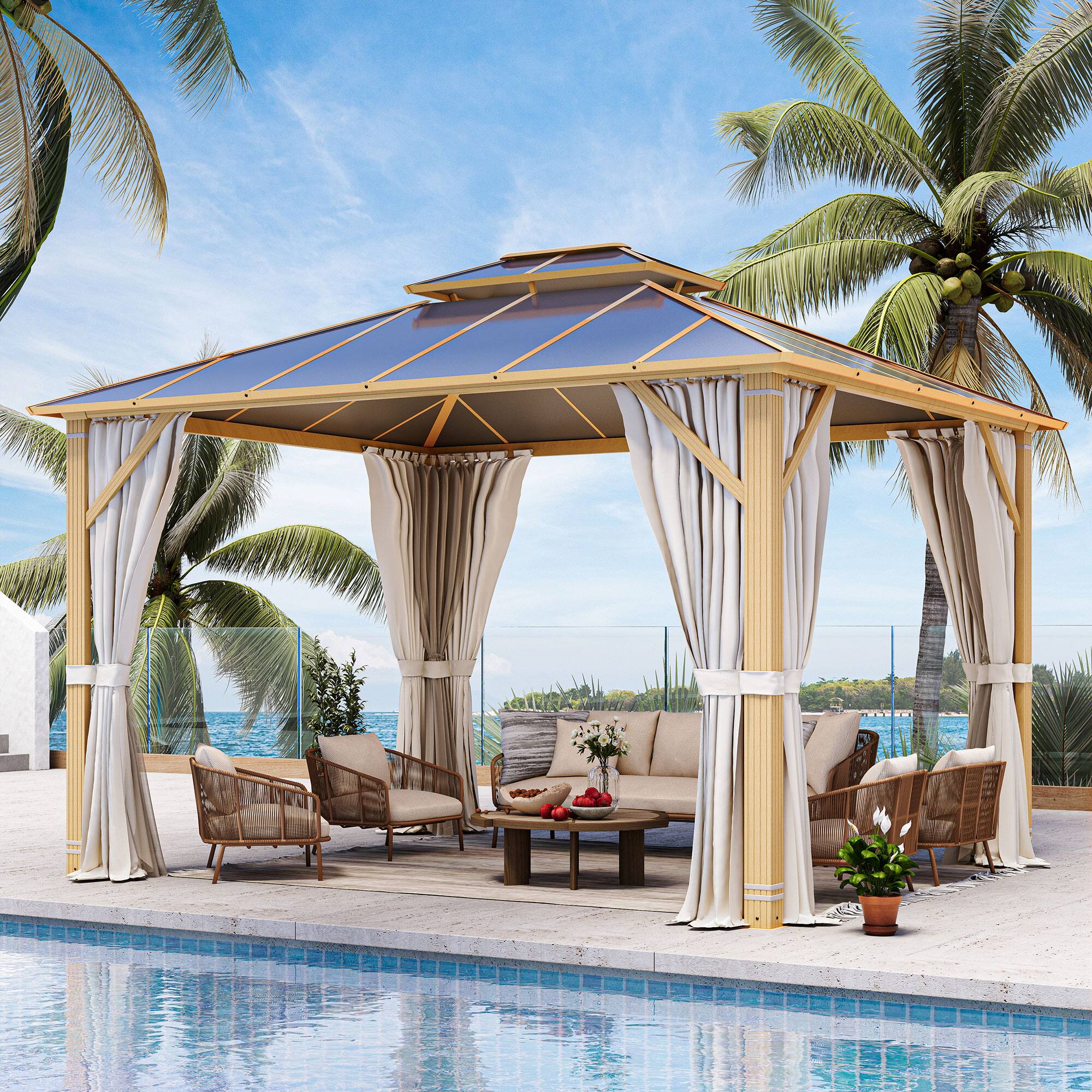 Left. U-HOMY - Waterproof Aluminum Hardtop Gazebo with Netting & Curtains for Patio and Garden, Dark Grey - 10' x 12'.