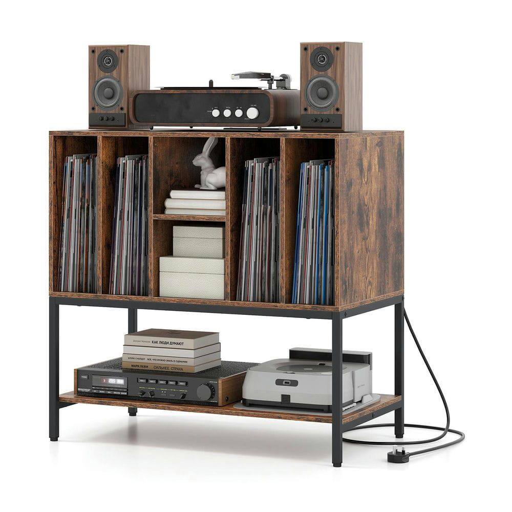 Alt View 2. Kadyn - Media Stand with Built-In Charging Station and Metal Frame, Rustic Brown - Brown.