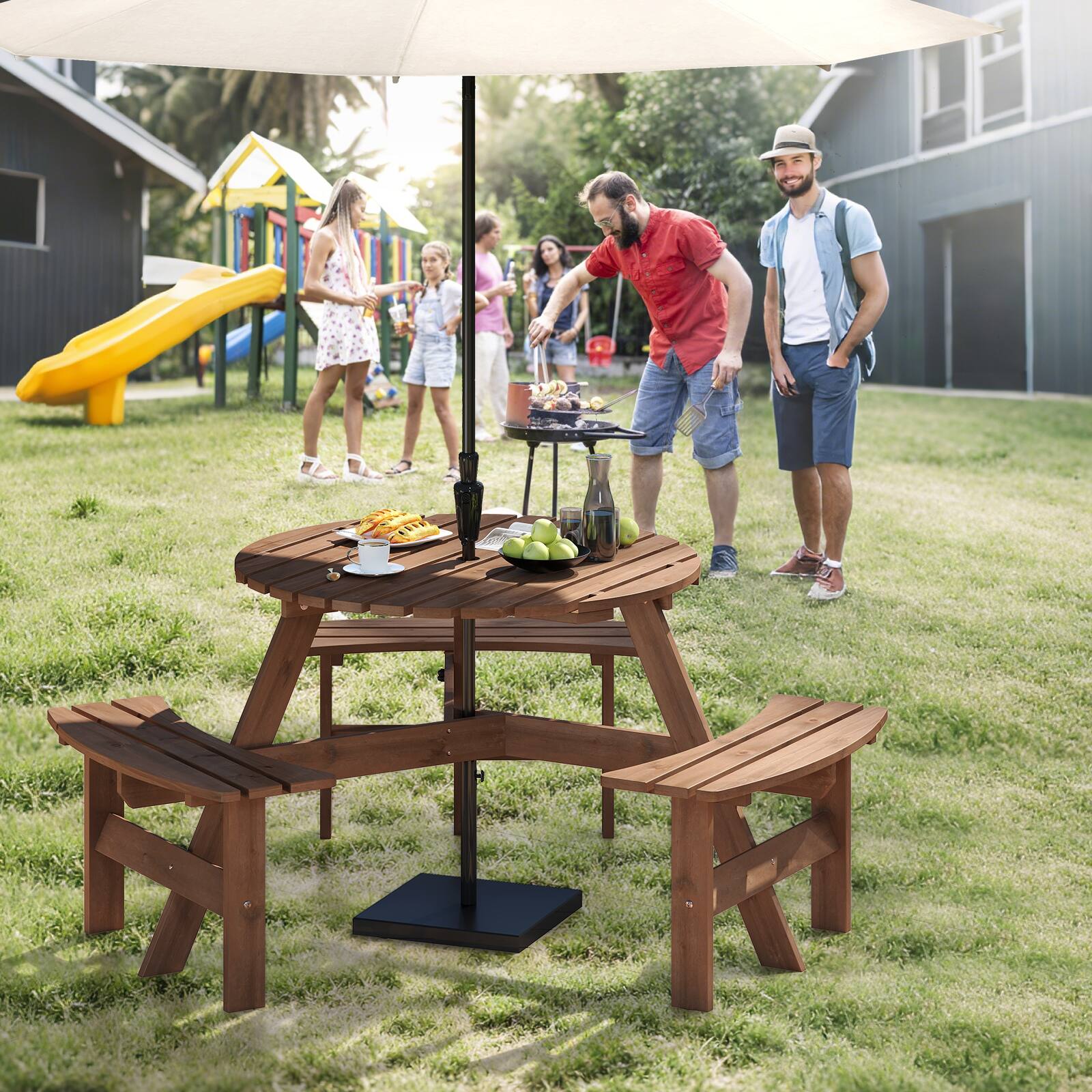 Alt View 7. Costway - Costway 6-Person Round Picnic Table Set with 3 Built-in Benches 2" Umbrella Hole - Brown.