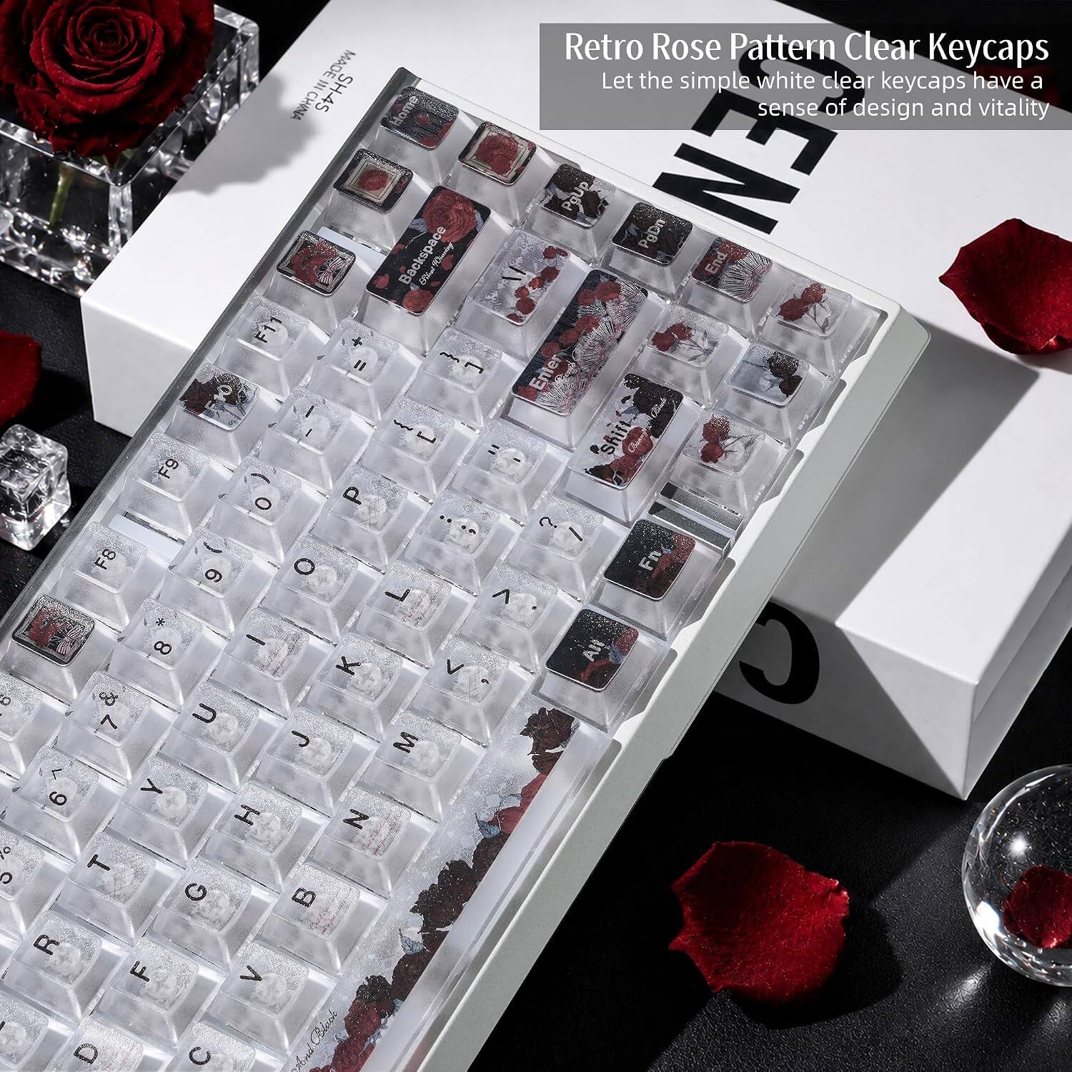 Retro Rose Pattern Clear Keycaps  
Let the simple white clear keycaps have a sense of design and vitality