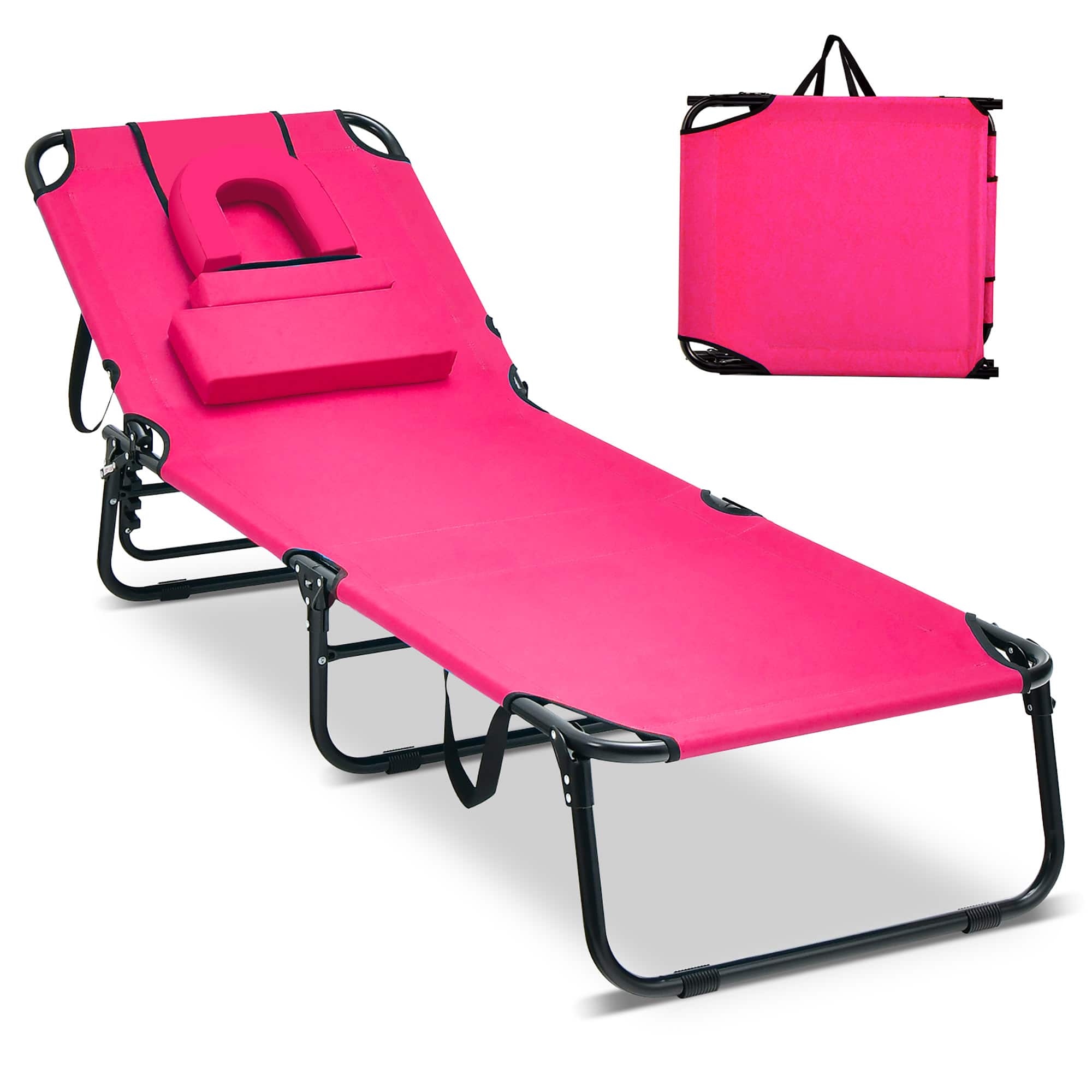 Gymax - 5-Position Lounge Chair Adjustable Beach Chaise w/ Face Cavity & Pillows - Pink price history on PriceWatchPro