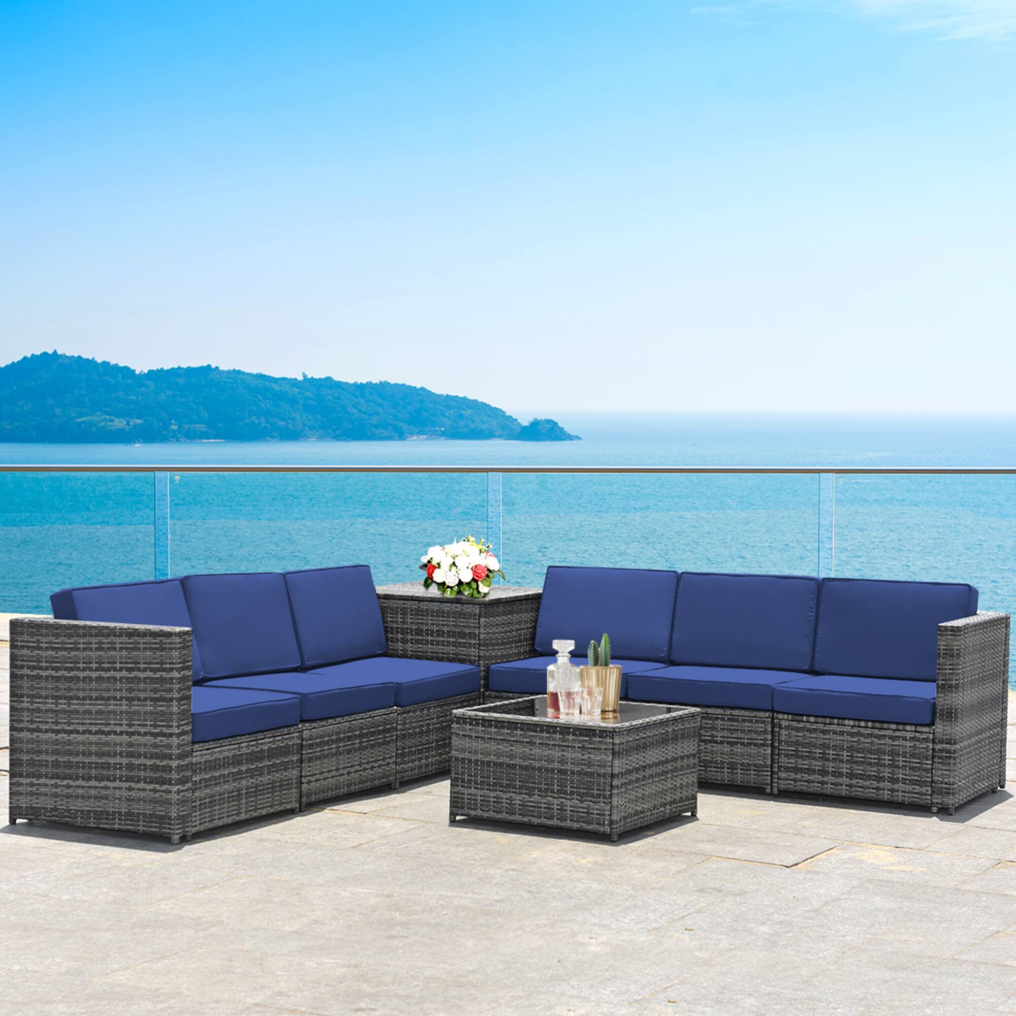 Gymax - 8PCS Patio Rattan Sofa Sectional Conversation Furniture Set w/ Cushion - Navy price history on PriceWatchPro