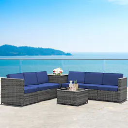 Gymax - 8PCS Patio Rattan Sofa Sectional Conversation Furniture Set w/ Cushion - Navy