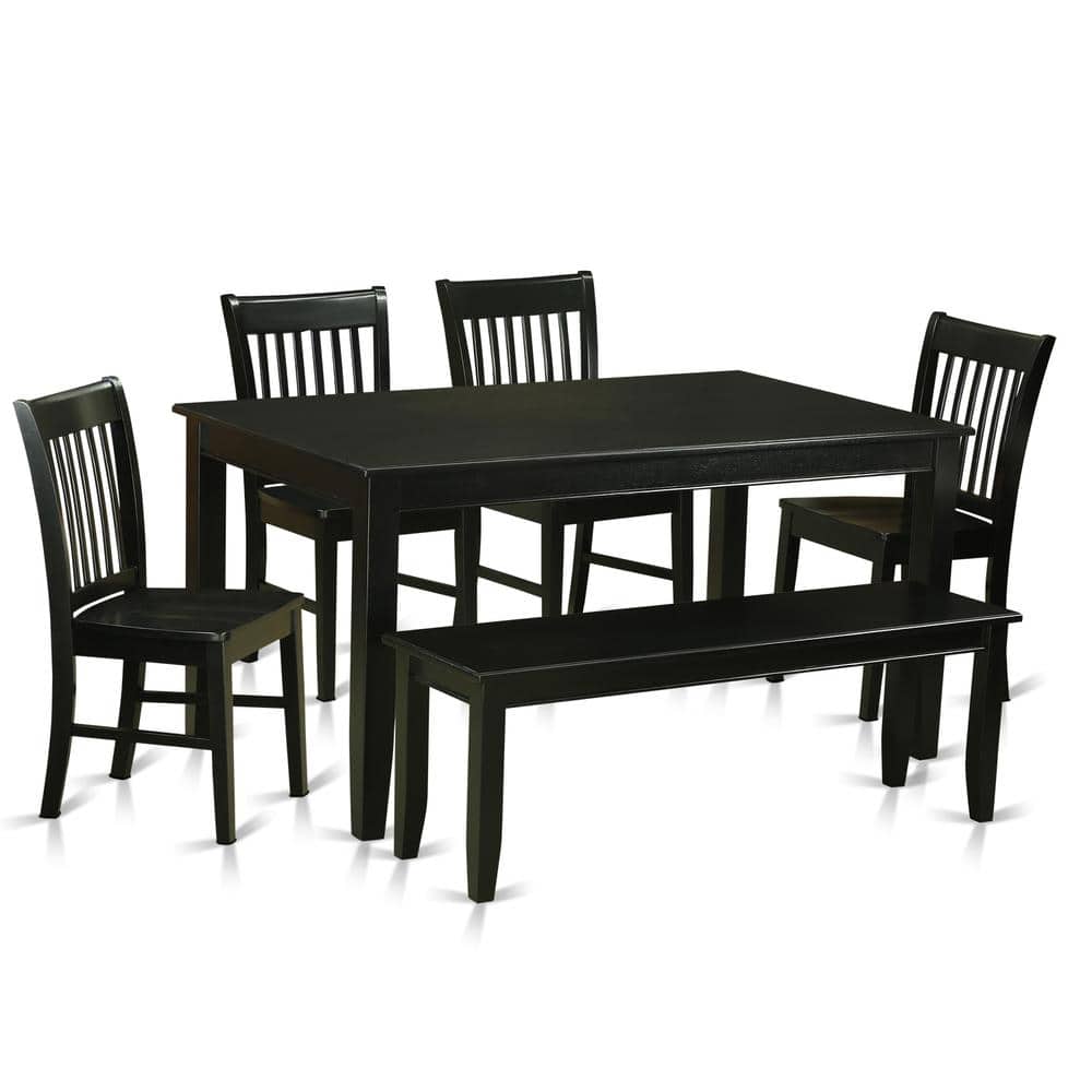East West Furniture - 6 PC Dining room set- Dining Table and 4 Dining Chairs and also Bench - Black
