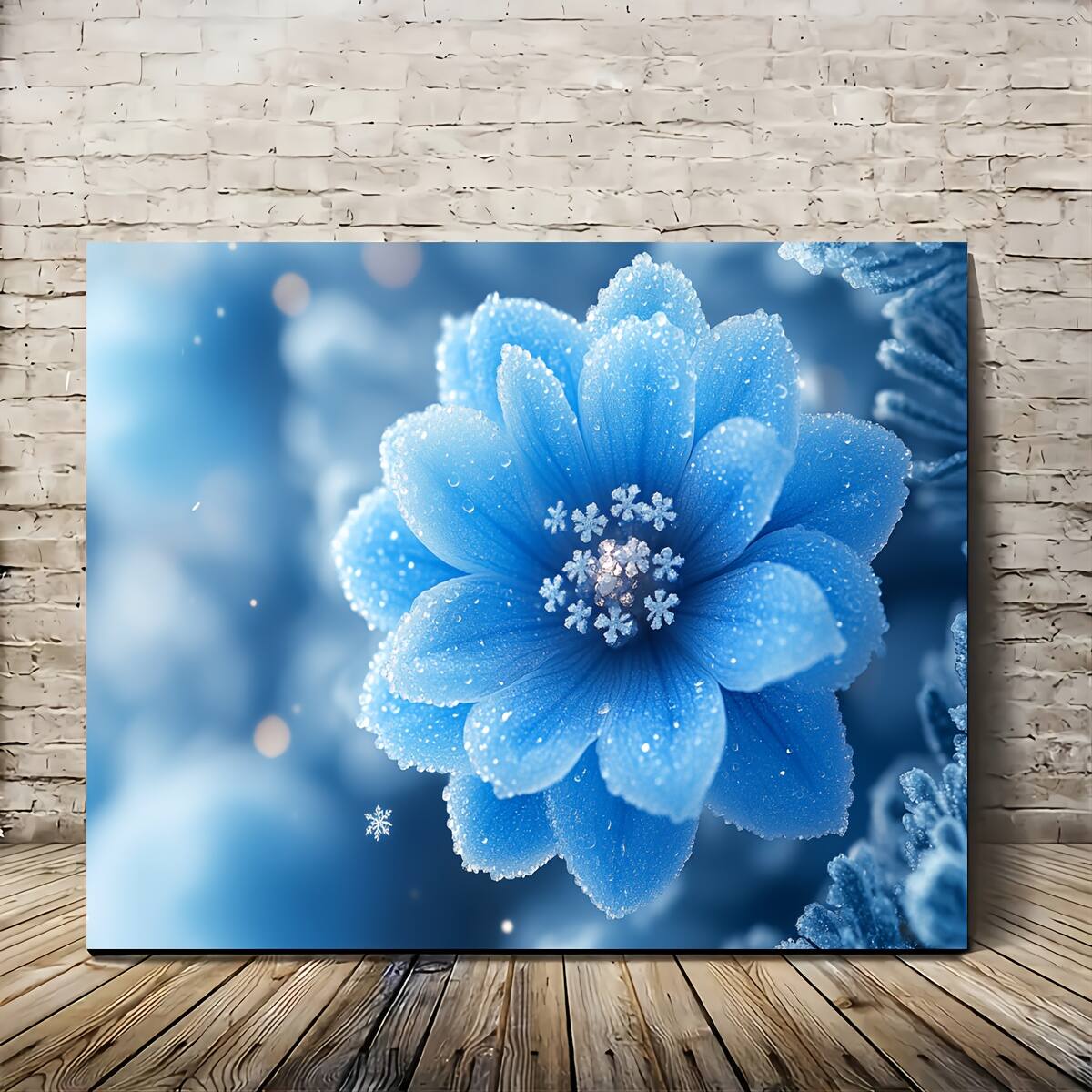 Alt View 1. blue - 1pc Wooden Framed Canvas Painting, Small blue flowers with diamond cores, Wall Art Prints for Living Room & Bedroom & K - Color:32*24inch.