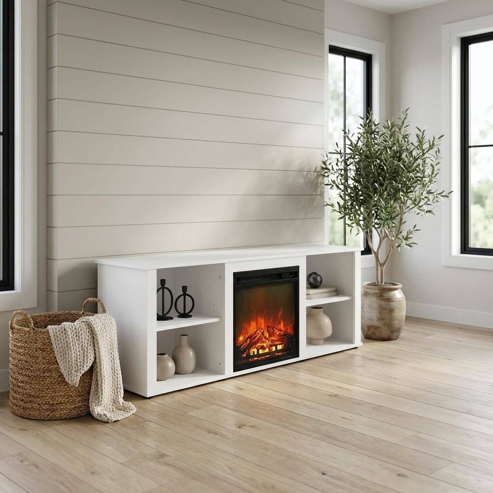 Alt View 1. FurniFact - Solid White TV Stand with Fireplace and Wood Construction for Living Room - White.