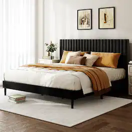 LUCKY ONE - King Size Velvet Upholstered Bed Frame with Height-Adjustable Headboard - Black