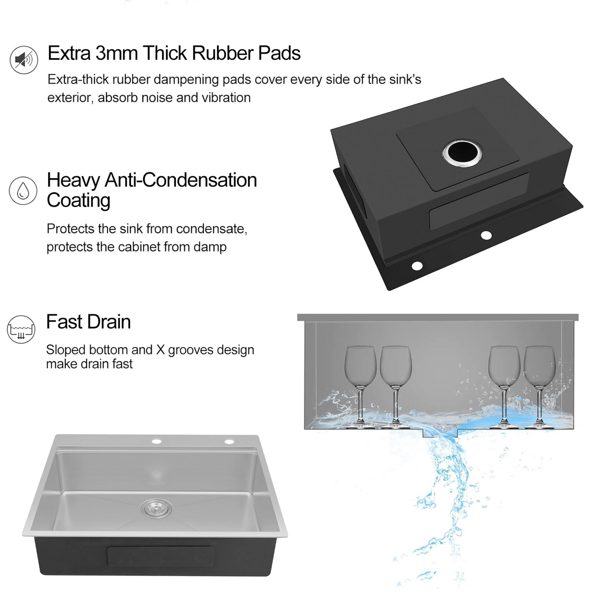 Extra 3mm Thick Rubber Pads  
Extra-thick rubber dampening pads cover every side of the sink's exterior, absorb noise and vibration  

Heavy Anti-Condensation Coating  
Protects the sink from condensate, protects the cabinet from damp  

Fast Drain  
Sloped bottom and X grooves design make drain fast