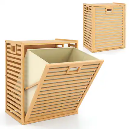 Front. Gymax - Gymax Large Tilt-out Laundry Hamper w/ Wide Top & Tilt-out Basket Side Handles - Yellow.