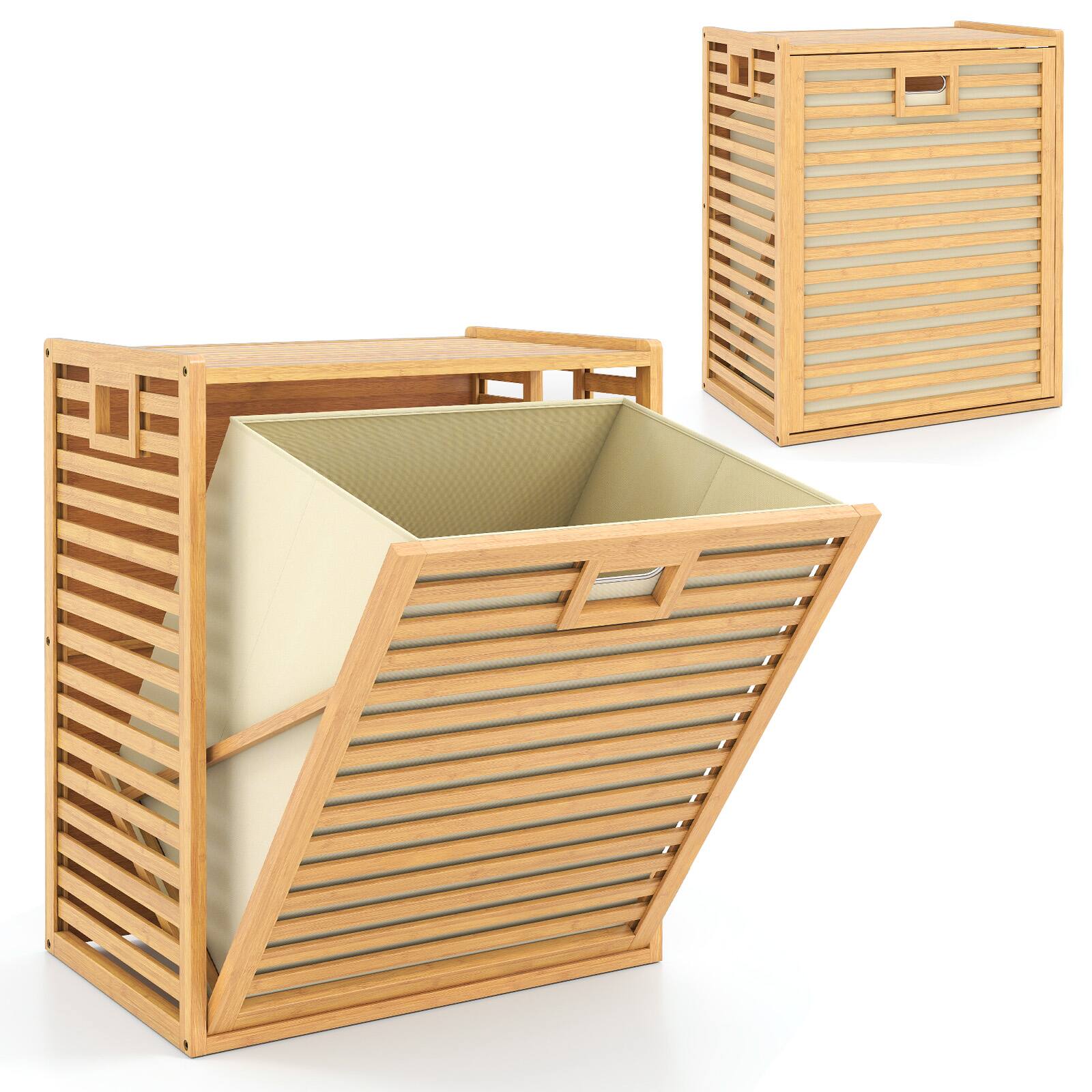 Front. Gymax - Gymax Large Tilt-out Laundry Hamper w/ Wide Top & Tilt-out Basket Side Handles - Yellow.
