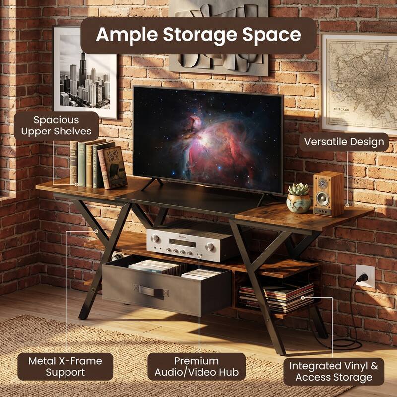 Ample Storage Space

- Spacious Upper Shelves
- Versatile Design
- Metal X-Frame Support
- Premium Audio/Video Hub
- Integrated Vinyl & Access Storage