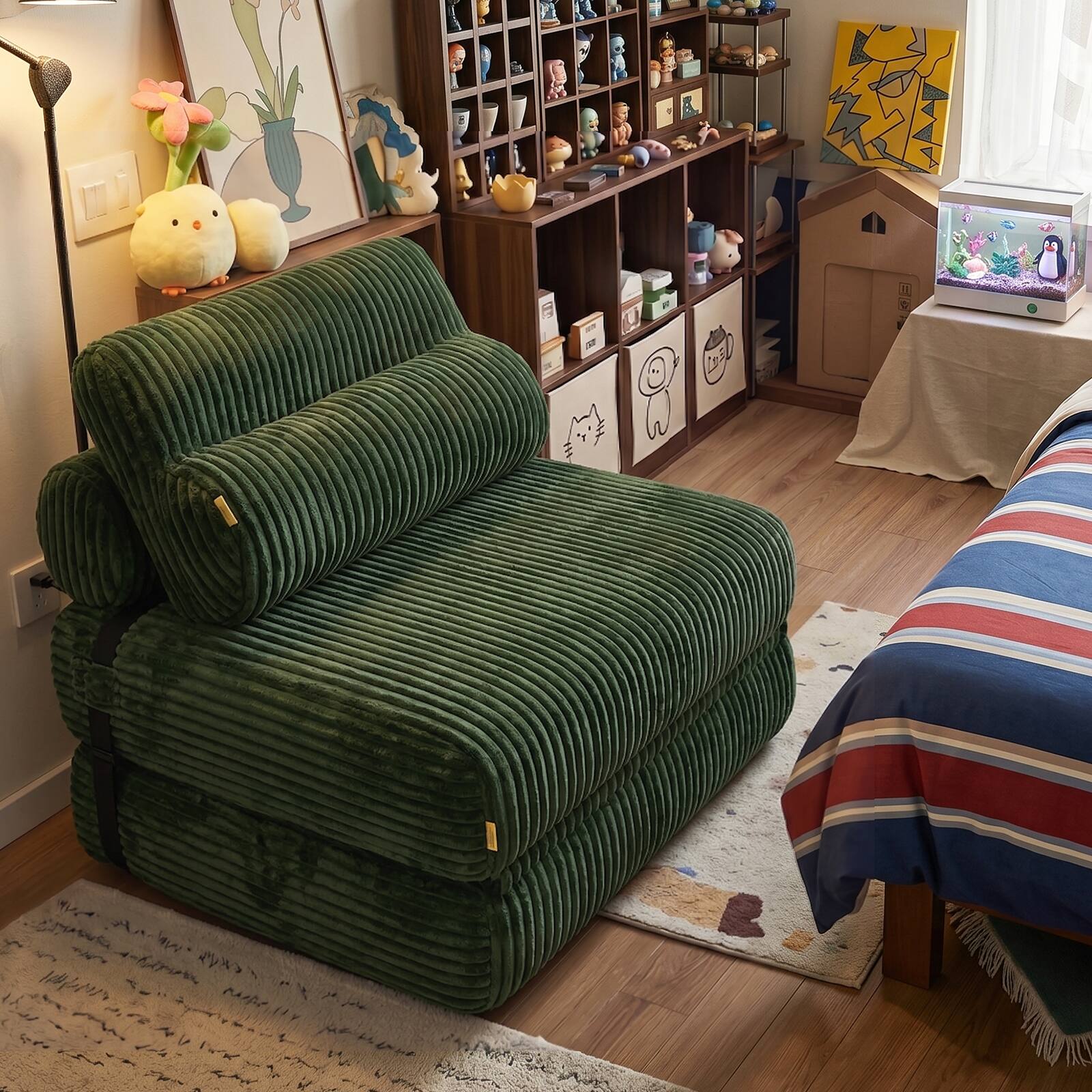 Angle. Pinmoco - Pinmoco Folding Single Sofa Bed, Corduroy Convertible Sleeper Sofa with Pillow, Accent Chair for Living Room & Bedroom - Green.