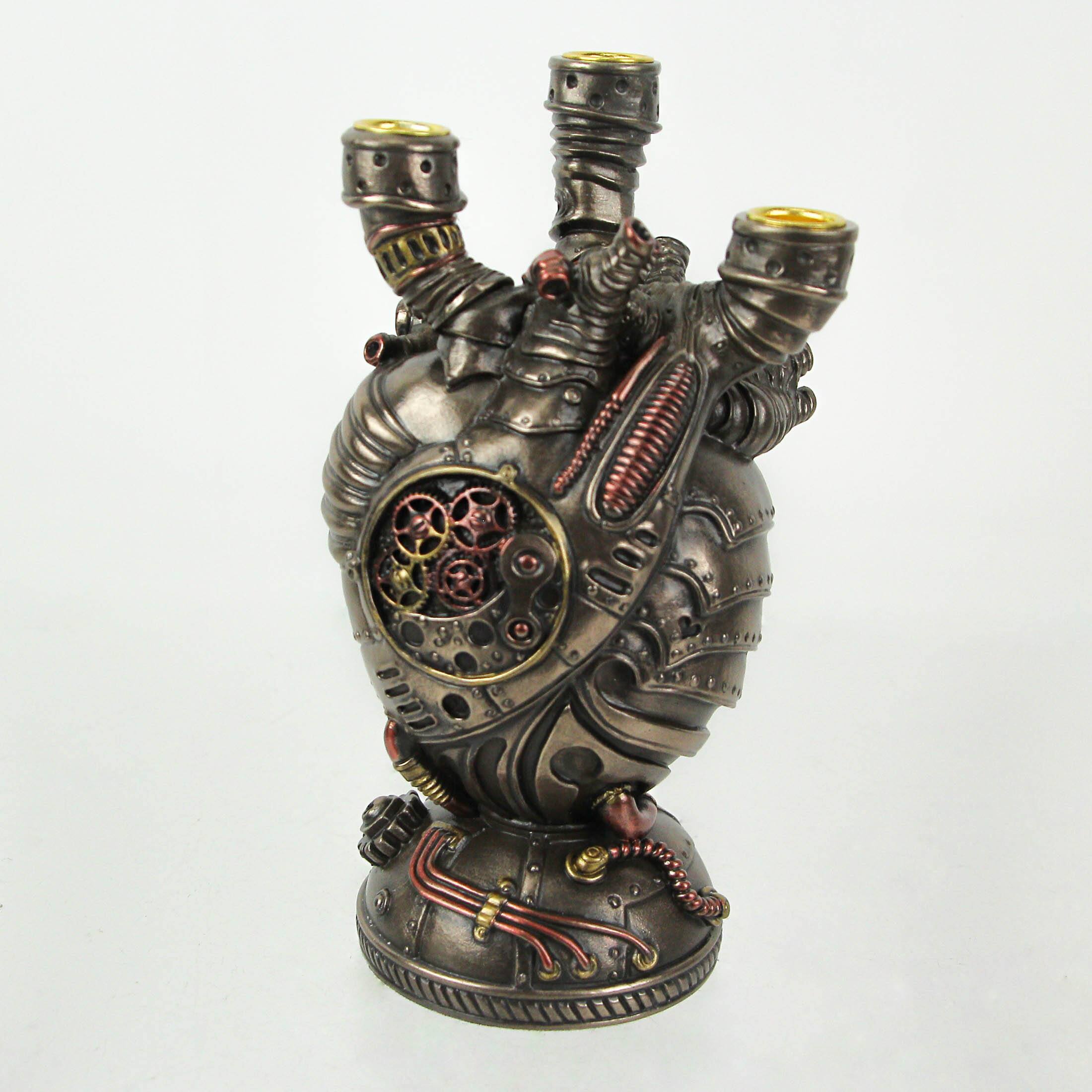 Alt View 1. Veronese Design - Augmented Artery Device Steampunk Human Heart Triple Taper Candle Holder - Bronze.