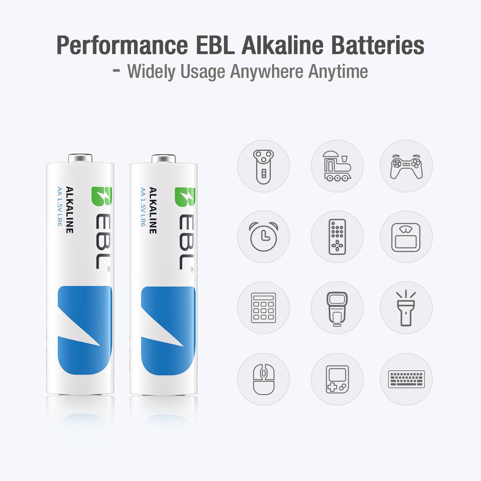 Performance EBL Alkaline Batteries  
- Widely Usage Anywhere Anytime  

AA 1.5V LR6 ALKALINE EBL