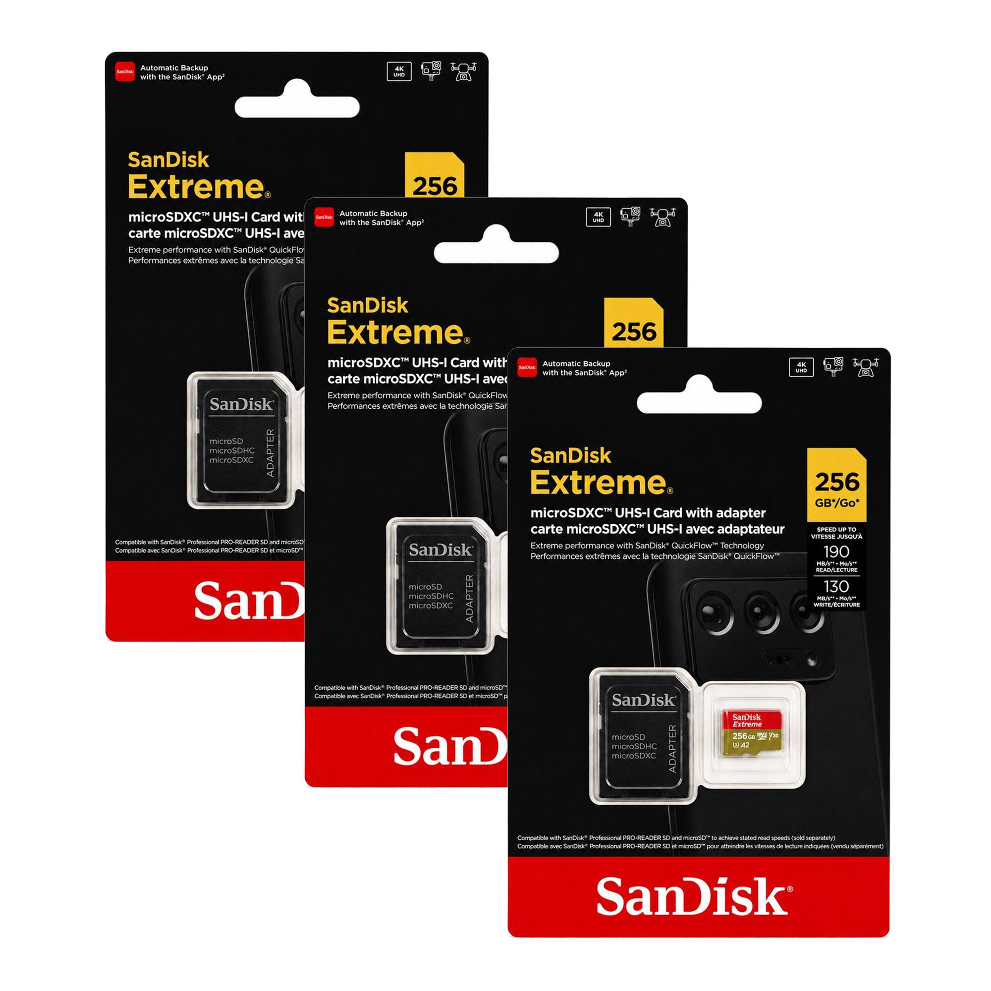 SanDisk Extreme microSDXC UHS-I Card with Automatic Backup - with the SanDisk App*  
Extreme performance with SanDisk QuickFlow Technology  
Performances extrêmes avec la technologie SanDisk QuickFlow  

SanDisk Extreme microSDXC UHS-I Card with adapter  
carte microSDXC UHS-I avec adaptateur  

256 GB/Go  
VITESSE UP TO 100MB/S  
130MB/S  

Compatible with SanDisk Professional PRO-READER 90 and mobile devices  
Compatible avec SanDisk Professional PRO-READER 90 et les appareils mobiles