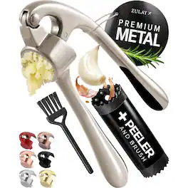 Zulay Kitchen - Premium Garlic Press with Soft, Easy to Squeeze Handle - Includes Silicone Garlic Peeler & Cleaning Brush - Silver