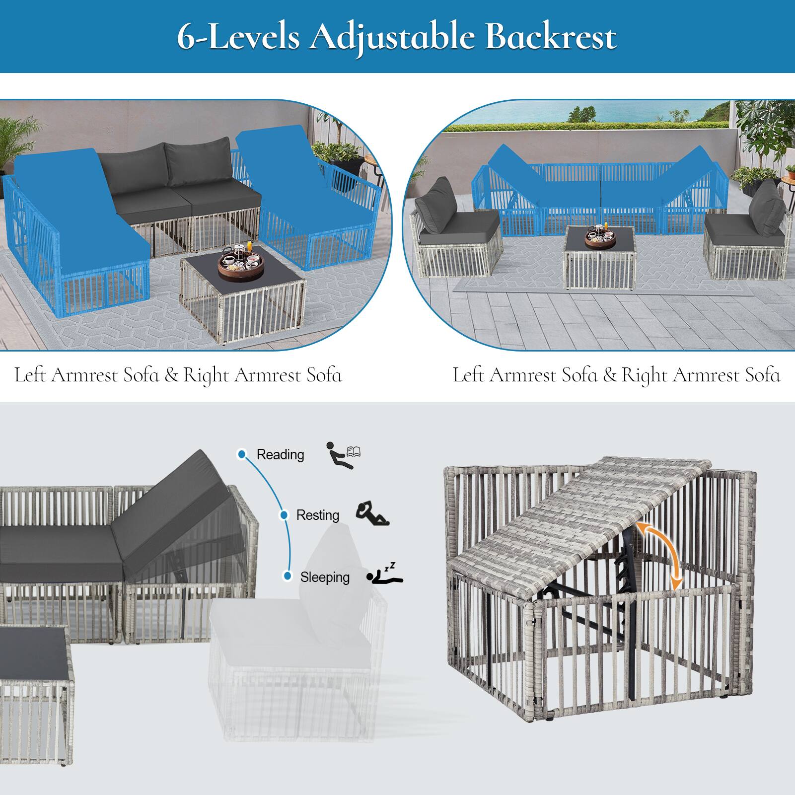 6-Levels Adjustable Backrest

Left Armrest Sofa & Right Armrest Sofa

Reading
Resting
Sleeping