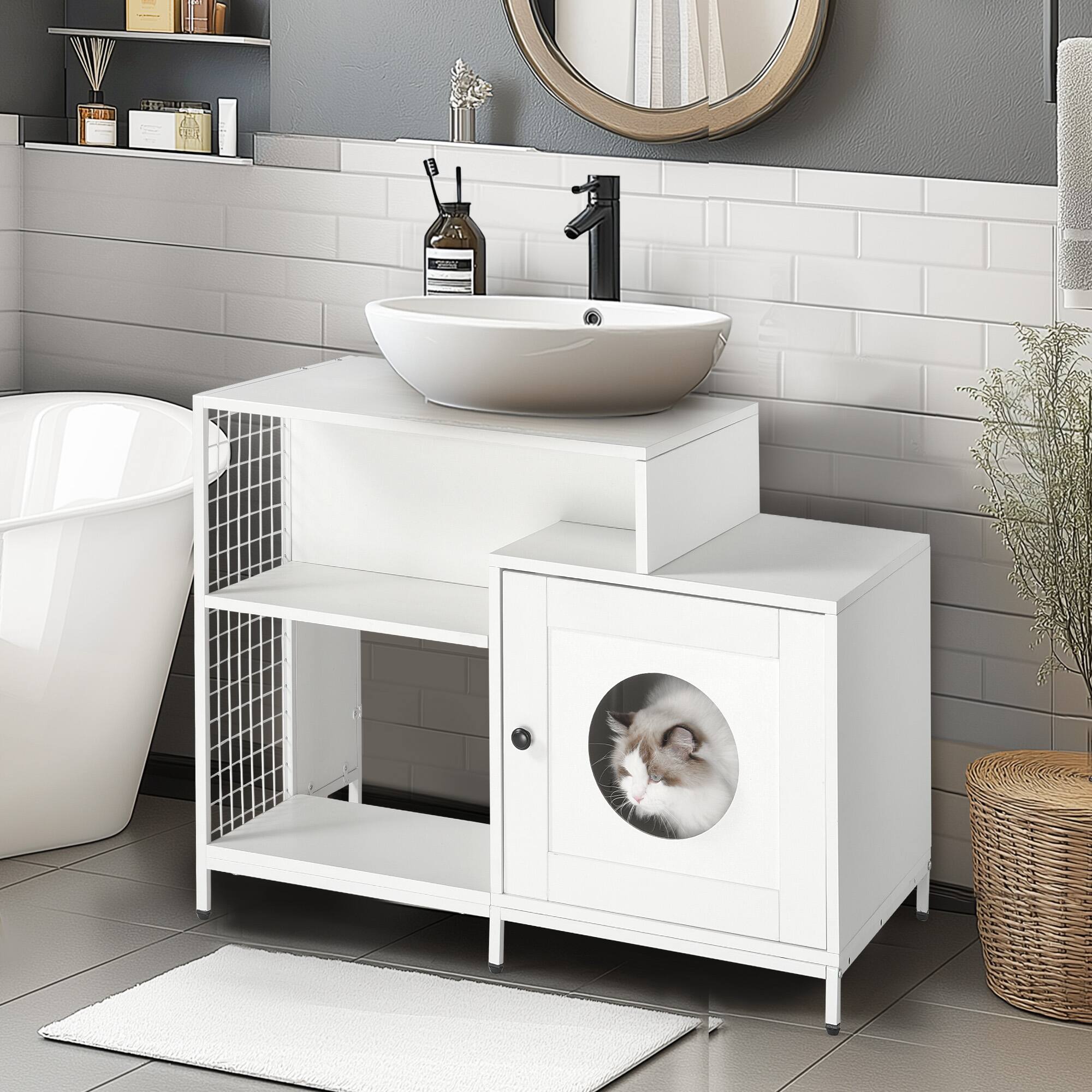 Left. APRILSOUL - Cat Litter Box Enclosure for Bathroom Hidden Pet Washroom Indoor Cat House for Large Cats White - White.