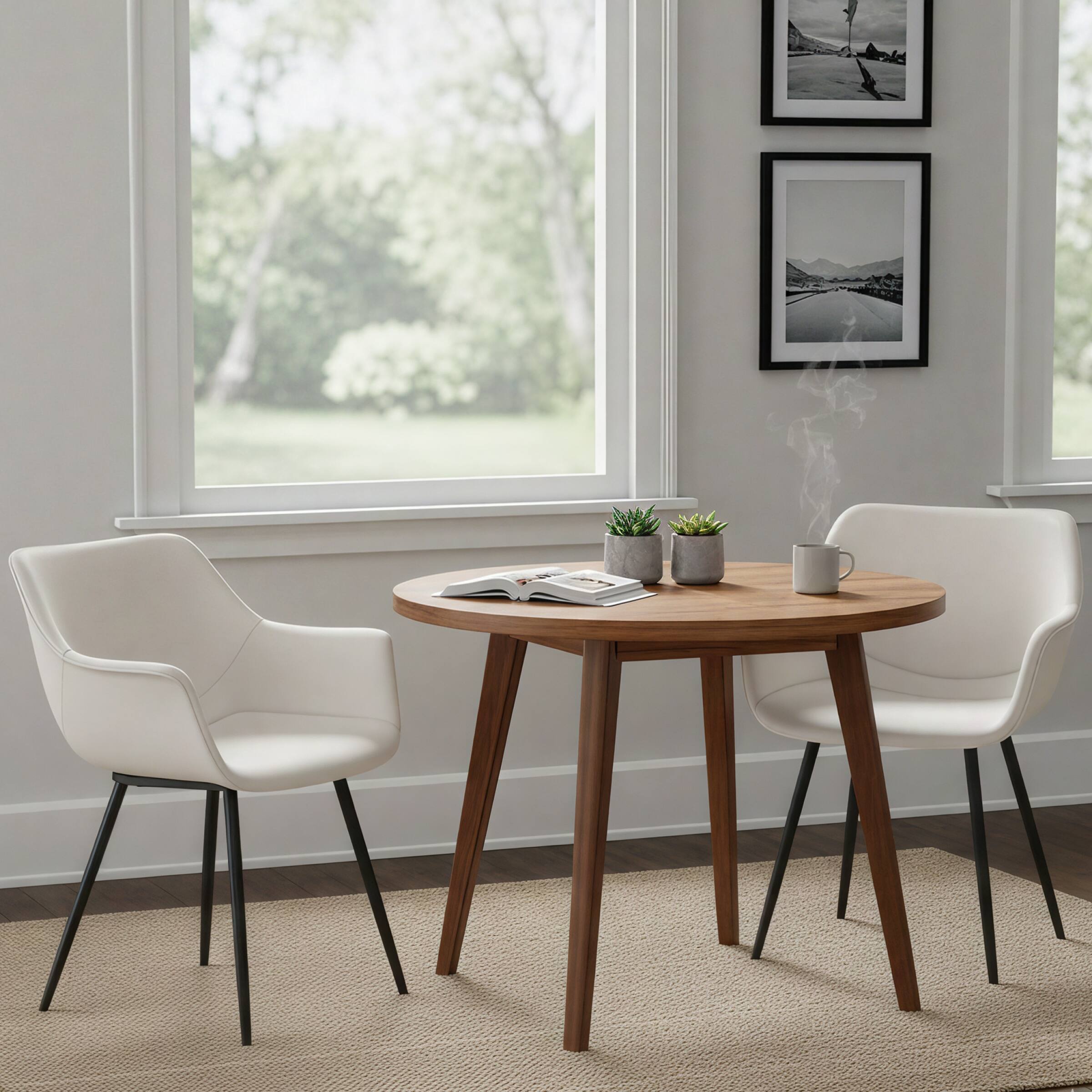 Left. LeisureMod - Markley Modern Distressed Leather Dining Chair with Iron Legs - Cream.