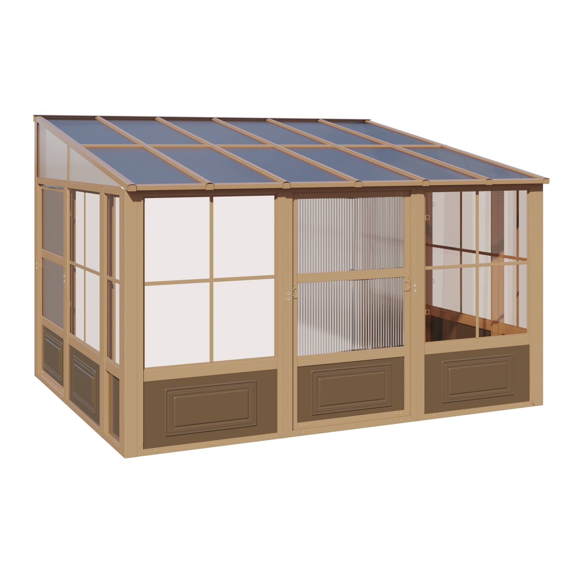 Alt View 4. U-HOMY - 10'x12' Wall Mounted Sunroom with Sliding Doors, All-Season Aluminum Patio Gazebo, Outdoor Permanent Sunroom Shelter - Brown.