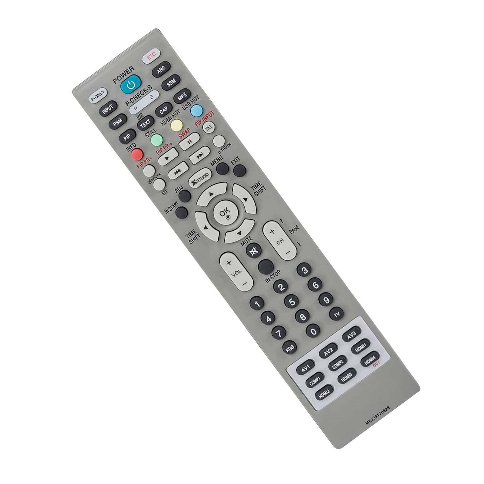 Sure, here is the corrected and grouped text from the image:

**Top Section:**
- POWER
- ETC
- ARC
- SSM
- P-ONLY
- P-CHECK-S
- CAP
- MPX
- USB HOT INPUT
- HDMI HOT INPUT
- PSM
- TEXT
- PIP
- STILL
- PIP PR+
- PIP PR-
- PIP H
- XSTUDIO
- TIME SHIFT
- E-OTH
- FIP
- M
- 4
- MENU
- EXIT
- PIP PR-
- PIP H
- XSTUDIO
- TIME SHIFT
- OK

**Middle Section:**
- INFO
- PR+
- PR-
- INSTART
- MUTE
- CH
- VOL
- 3
- 6
- 2
- 1
- 5
- 9
- 4
- 8
- TV
- 7
- 0
- EVA
- RGB
- AV2
- HOMI
- COMPE
- HOMA
- DVI
- IVA
- COMPI
- HOMIS
-