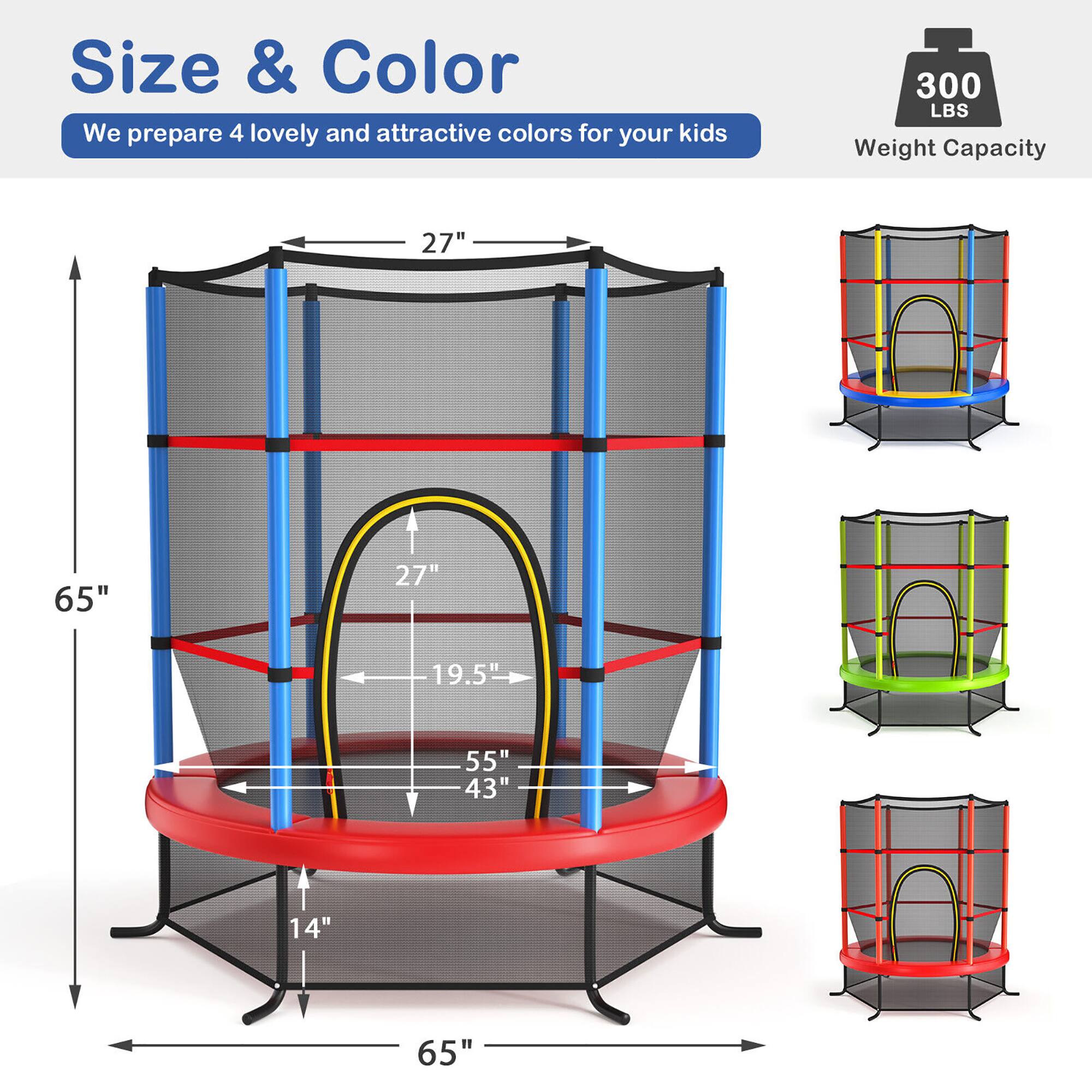 Size & Color  
We prepare 4 lovely and attractive colors for your kids  

Weight Capacity: 300 LBS  

Dimensions:  
- Height: 65"  
- Width: 65"  
- Base Diameter: 55"  
- Base Depth: 43"  
- Seat Diameter: 27"  
- Seat Height: 14"  
- Arch Height: 27"  
- Arch Width: 19.5"