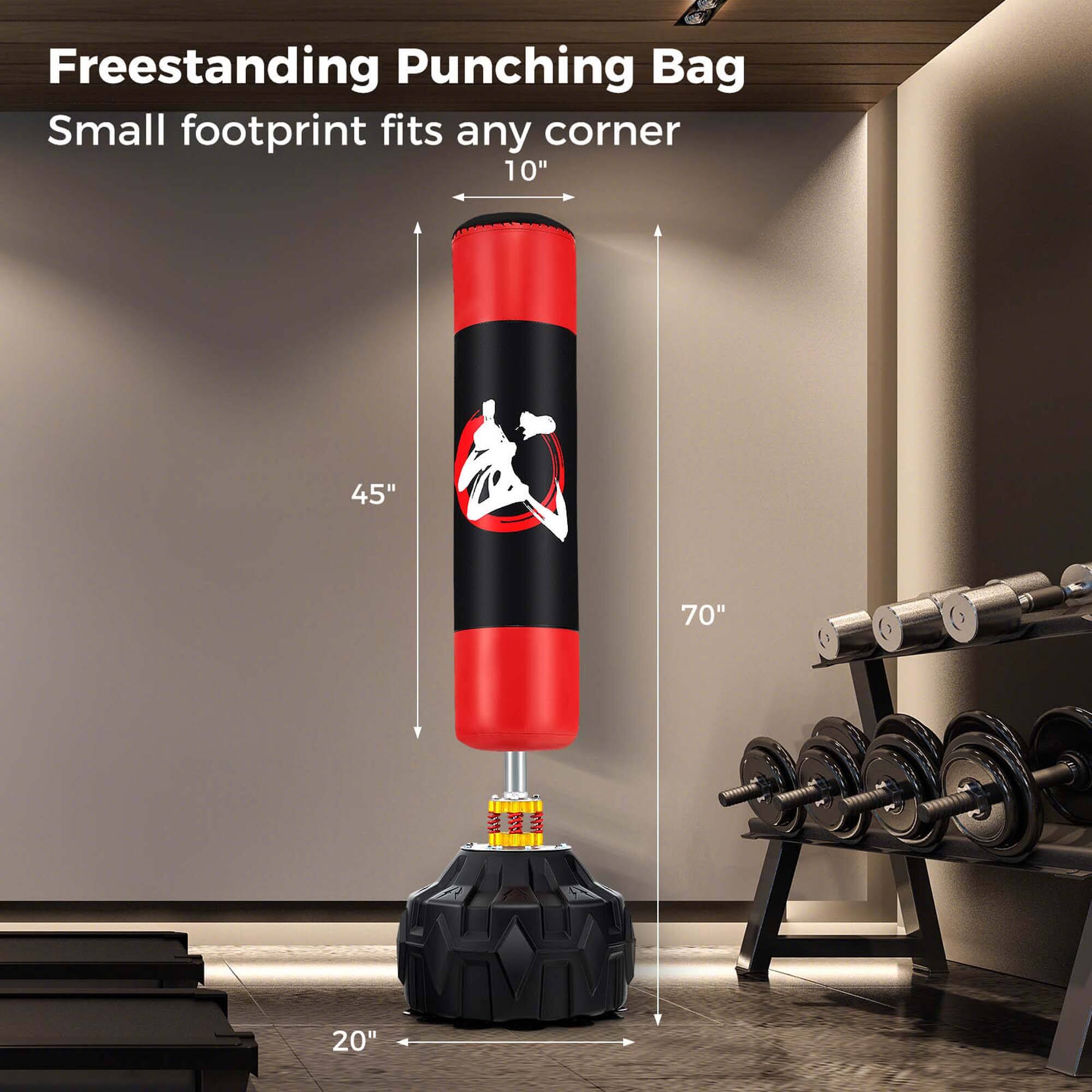 Freestanding Punching Bag  
Small footprint fits any corner  

- Height: 70"  
- Width: 10"  
- Depth: 45"  
- Base: 20"