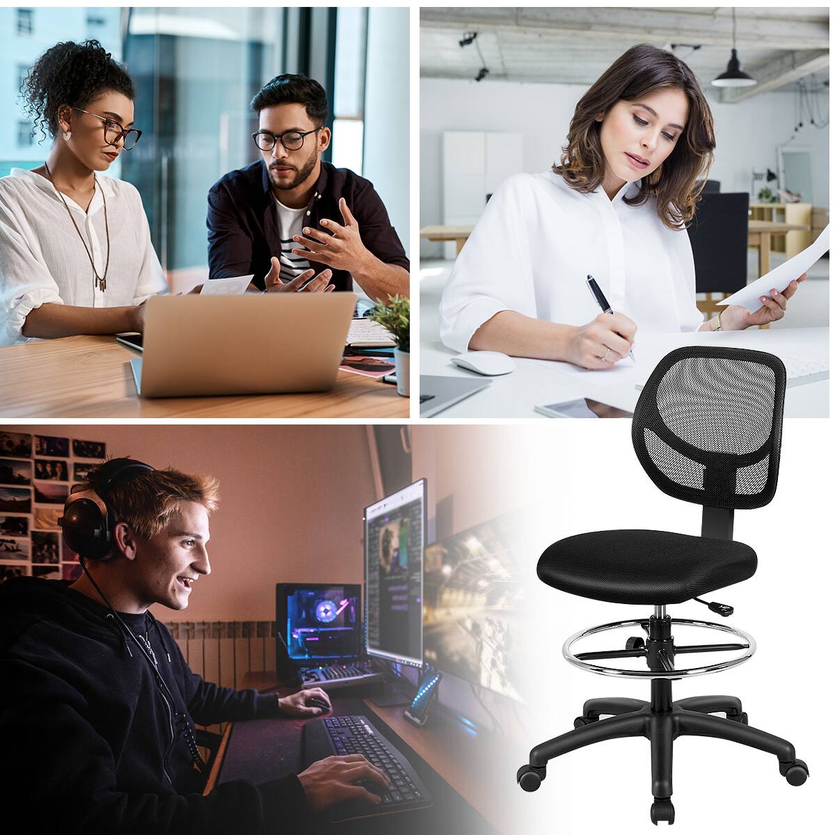 Alt View 5. Gymax - Gymax 2PCS Mesh Drafting Chair Mid Back Office Chair Adjustable Height w/Footrest Black - Black.