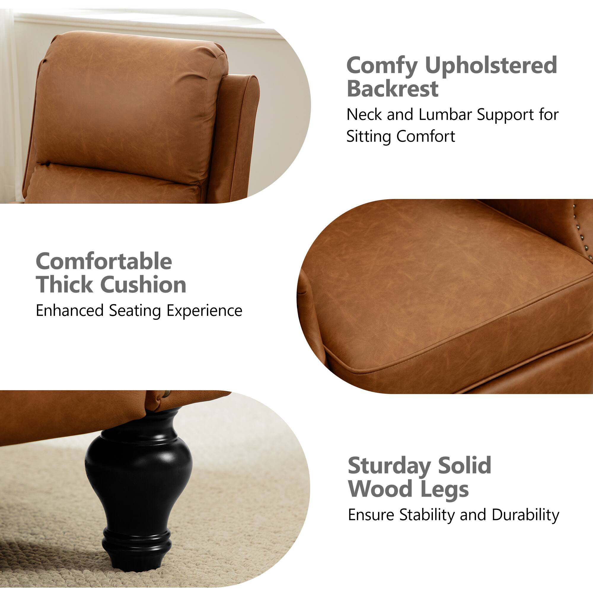 - Comfy Upholstered Backrest  
  Neck and Lumbar Support for Sitting Comfort

- Comfortable Thick Cushion  
  Enhanced Seating Experience

- Sturdy Solid Wood Legs  
  Ensure Stability and Durability