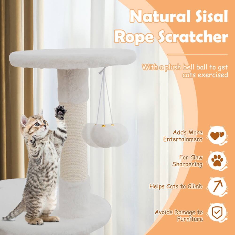 Natural Sisal Rope Scratcher  
With a plush bell ball to get cats exercised  
Adds More Entertainment  
For Claw Sharpening  
Helps Cats to Climb  
Avoids Damage to Furniture