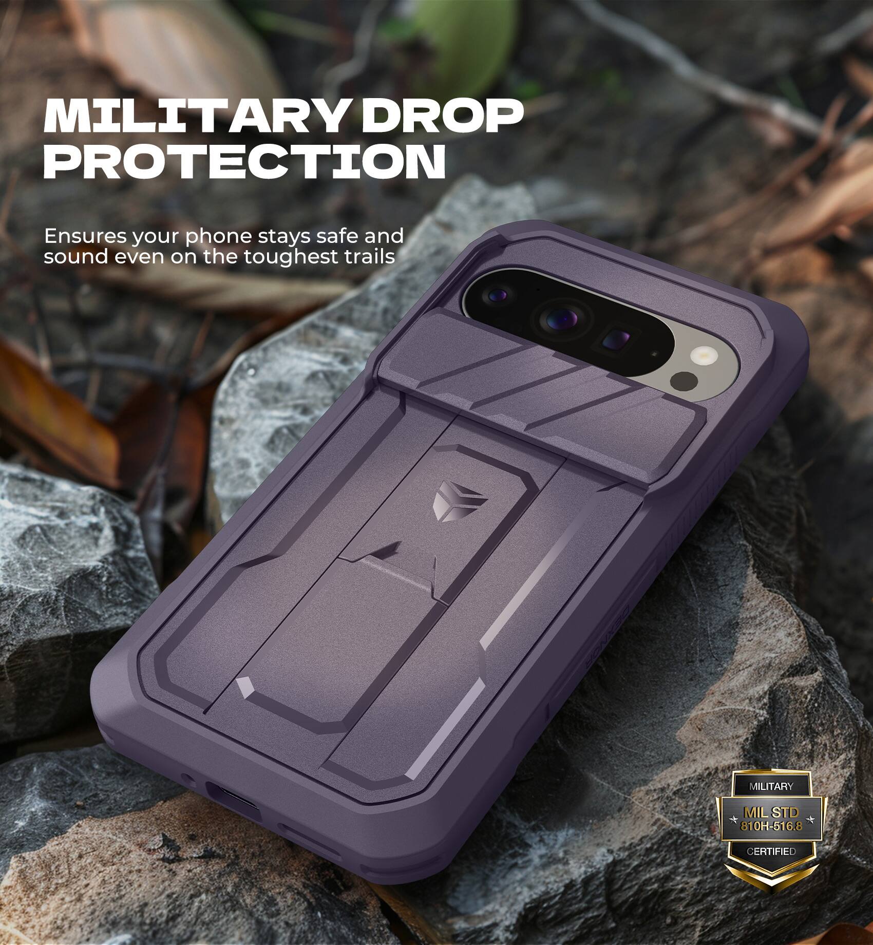 MILITARY DROP PROTECTION  
Ensures your phone stays safe and sound even on the toughest trails  

MILITARY  
MIL STD 810H-516.8 6.8 CERTIFIED