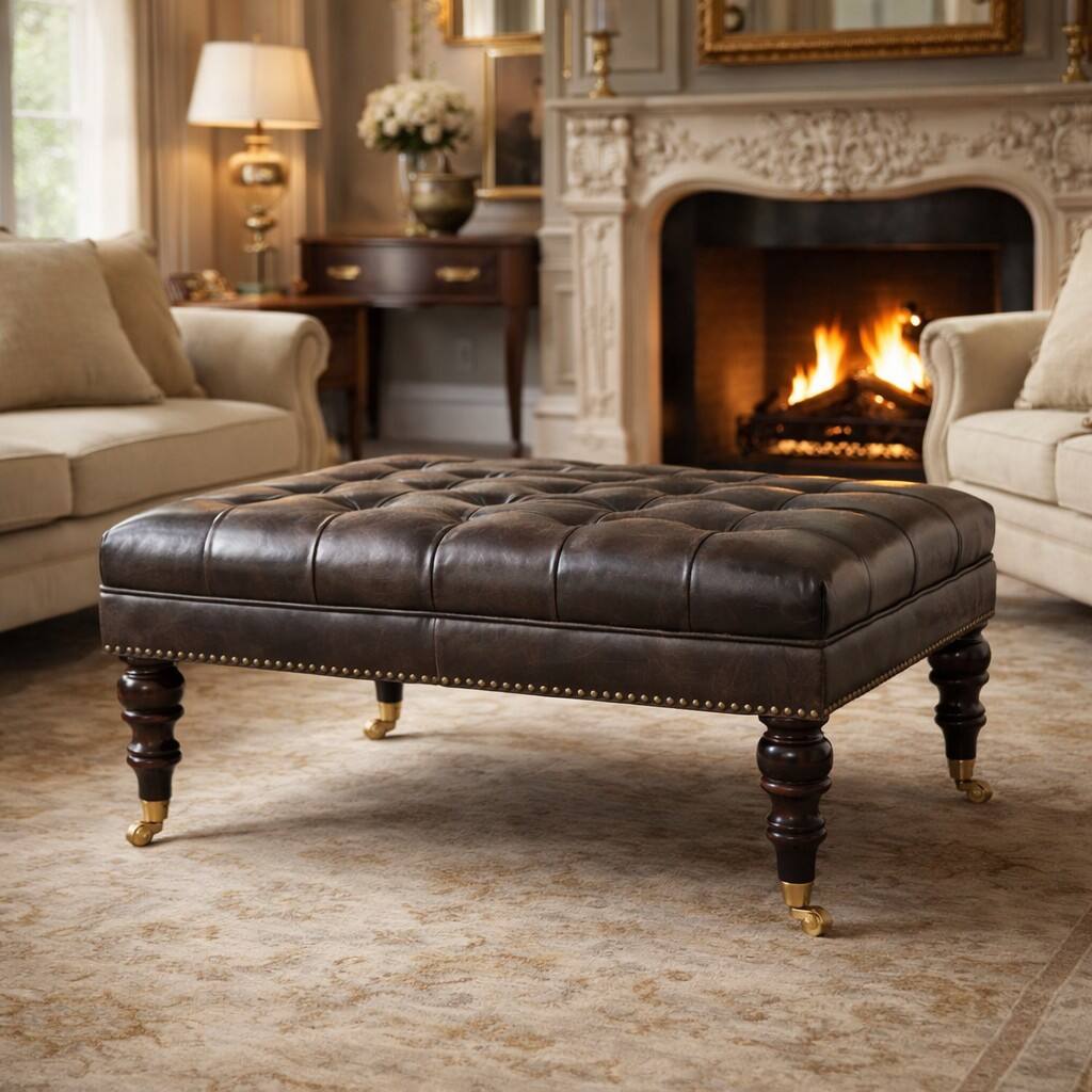 Angle. Artisan Furniture - Artisan Furniture Solid Wood Black Leather Upholstered Ottoman, Black - Black.