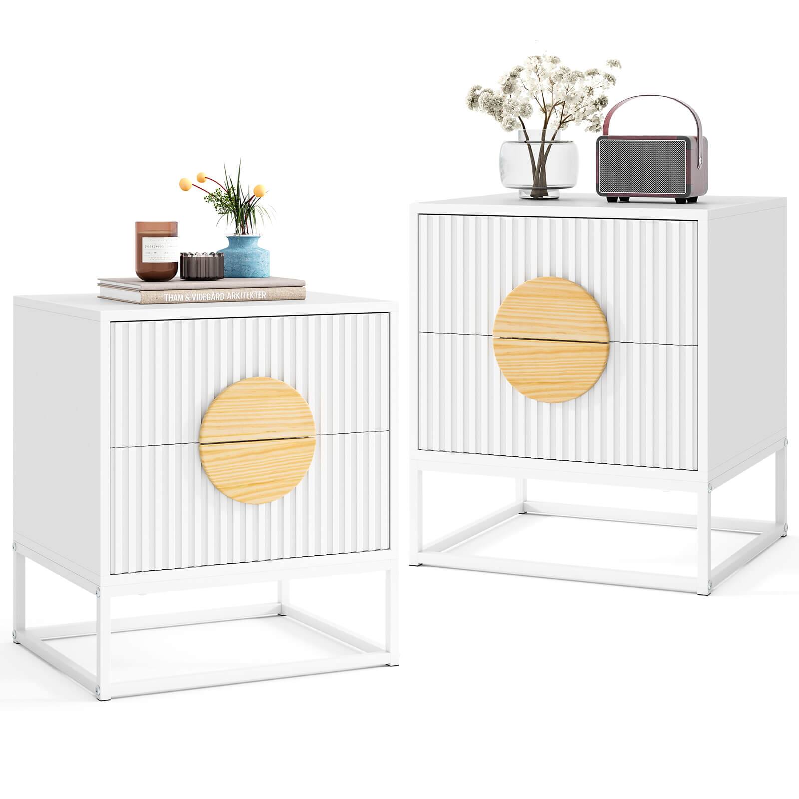 Costway - Fluted Nightstand with 2 Drawers with Pine Wood Handles & Metal Frame for Bedroom - White