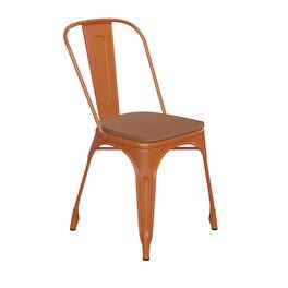 Emma + Oliver - Perth Metal Stacking Dining Chairs with Poly Resin Seats for Indoor/Outdoor Use - Teak Seat/Orange Frame